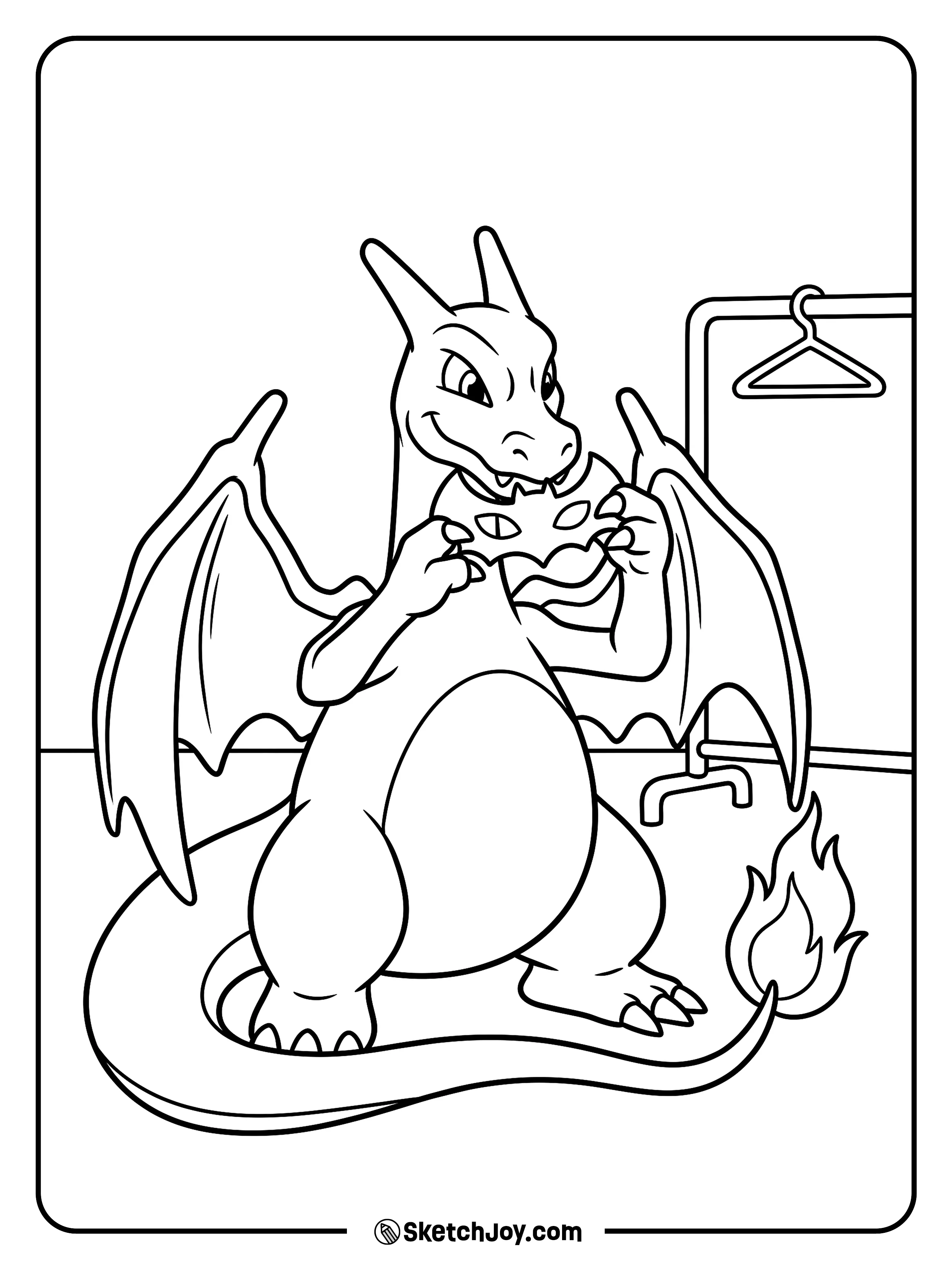 Charizard tries on a tiny bat mask and finds that its nose will not fit.