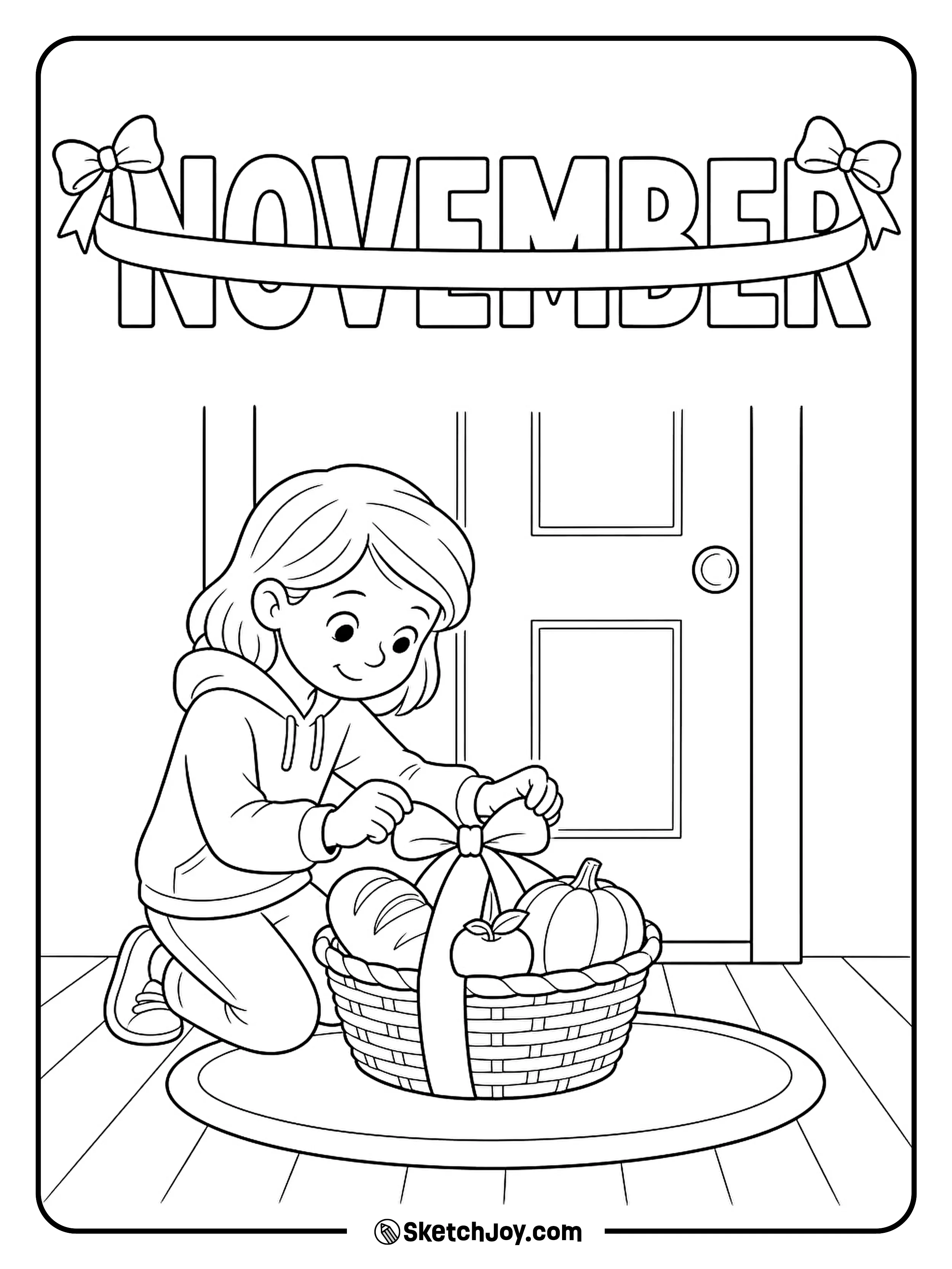 A child ties a bow around a food basket on a neighbor’s porch.