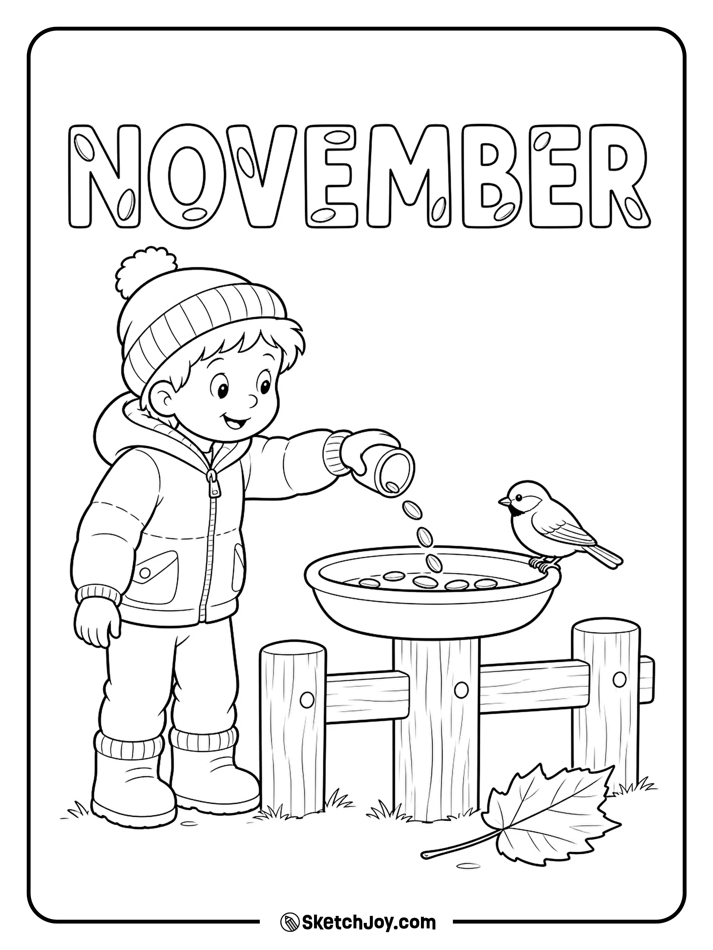 A child pours seeds into a small bird feeder while one bird waits nearby.