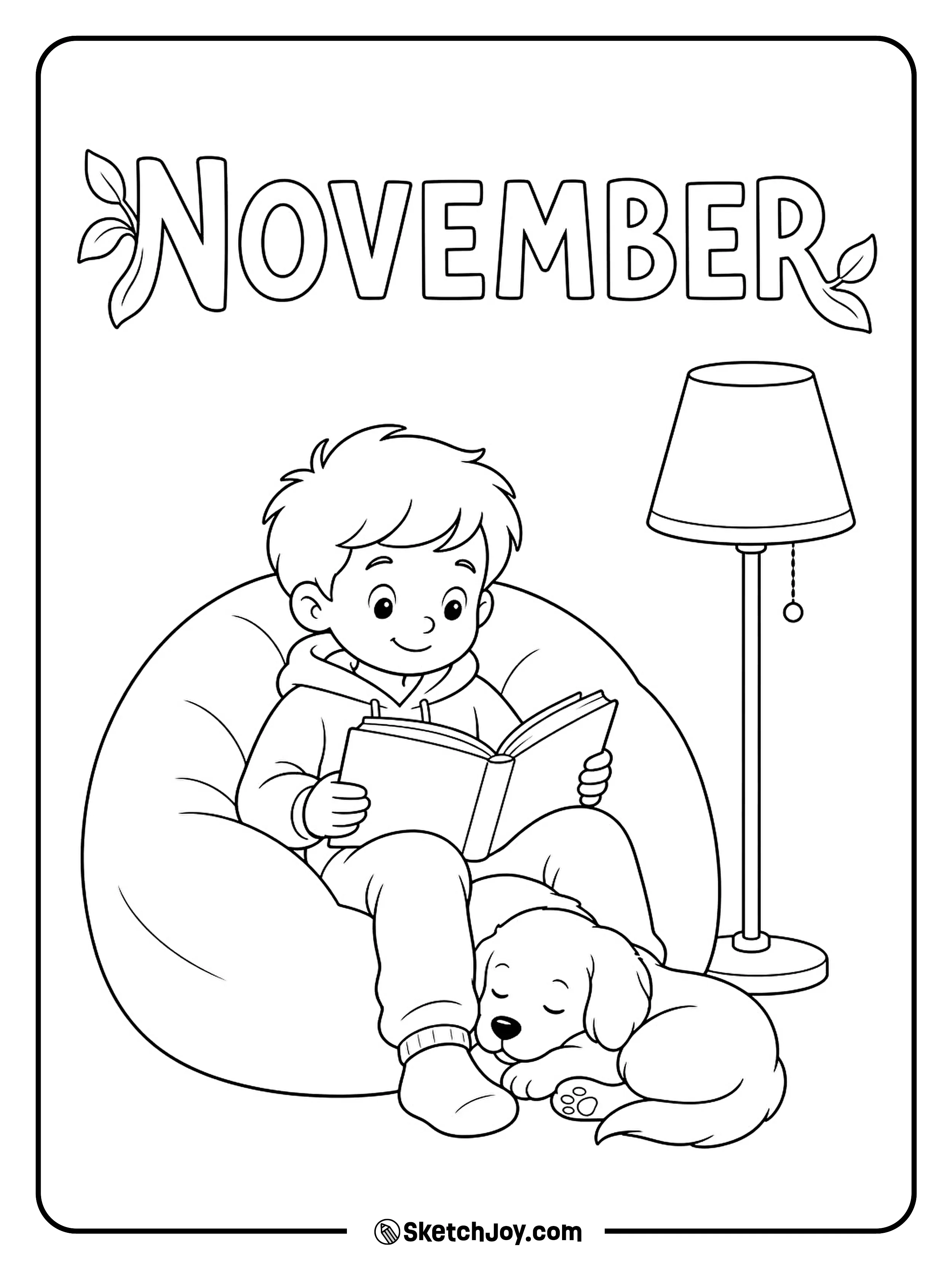A child reads beside a sleepy dog on a large beanbag under a floor lamp.