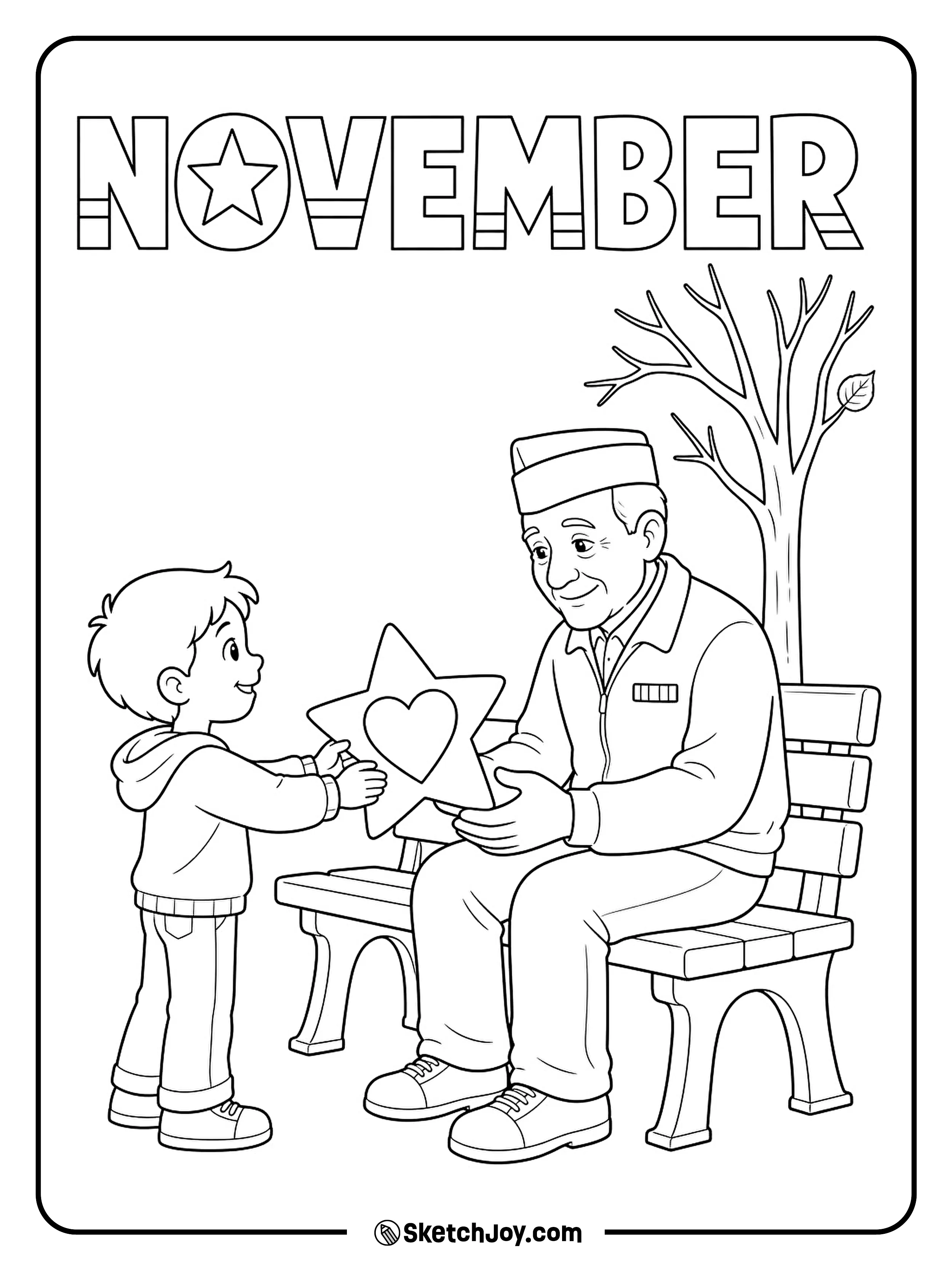 A child gives a star-shaped thank-you card to a veteran seated on a park bench.