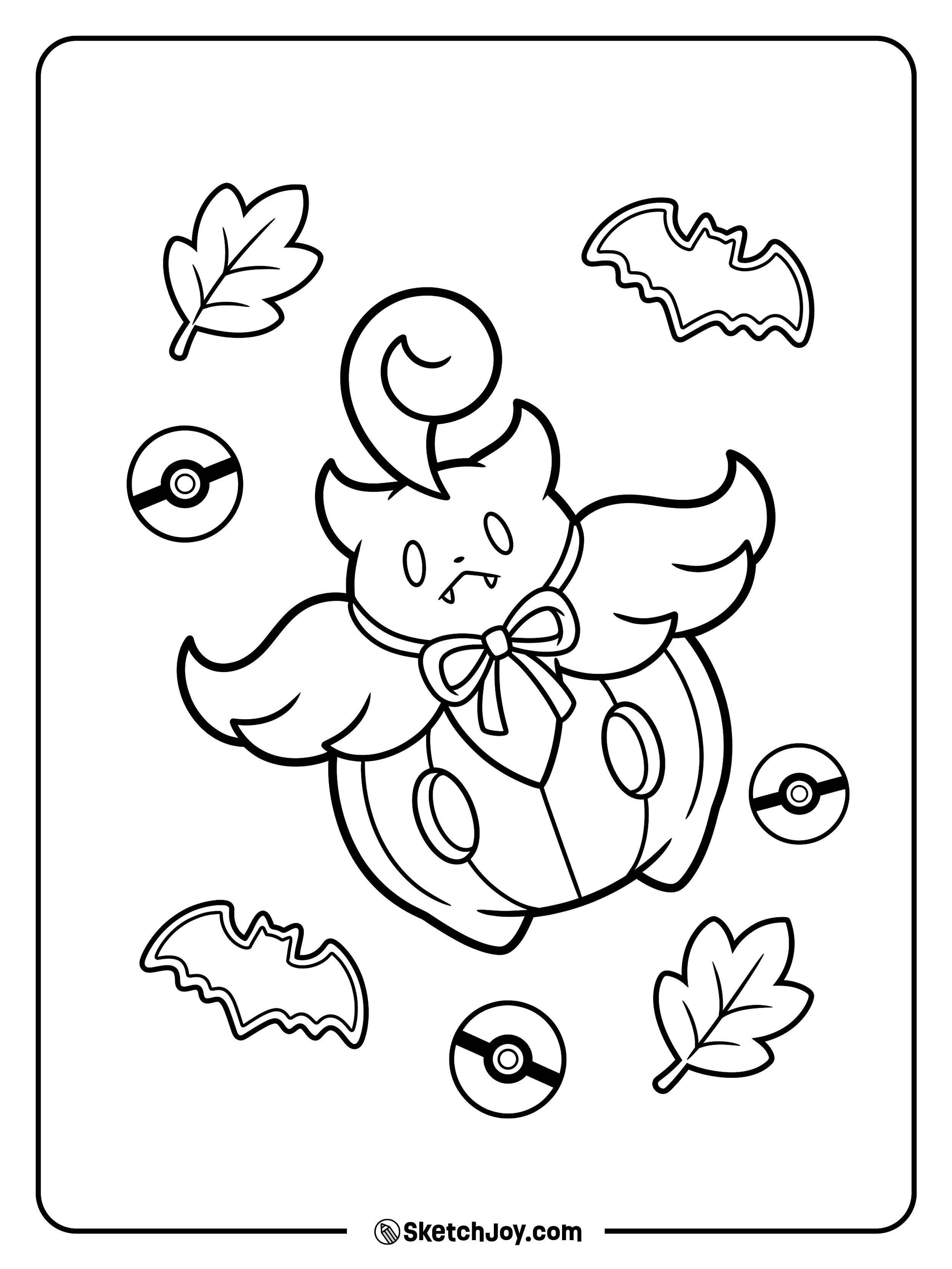A tiny floating pumpkin turns between leaf shapes, bat cookies, and round Poké Balls.