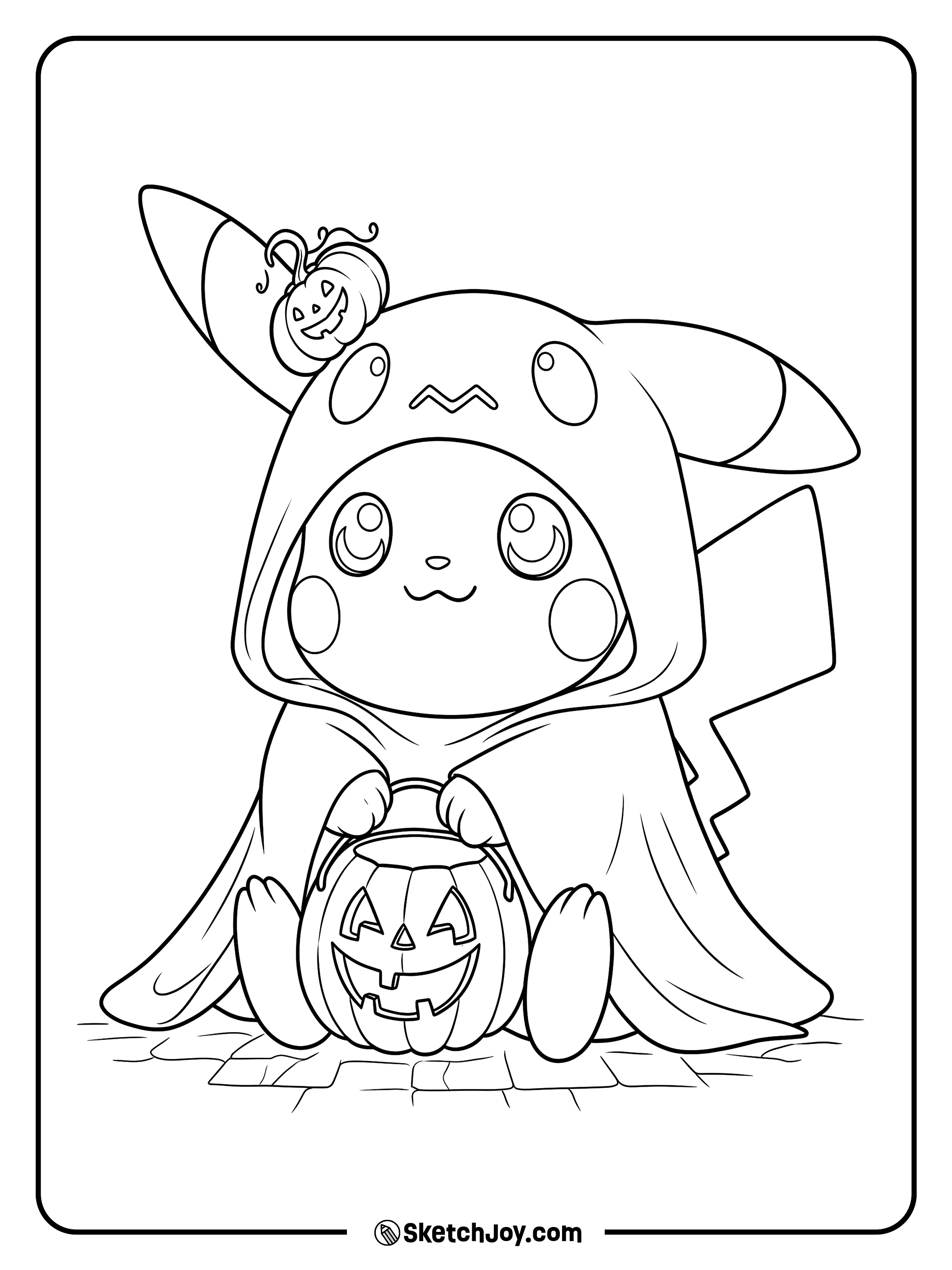 A little ghost costume drapes over a seated friend holding a jack-o'-lantern bucket.