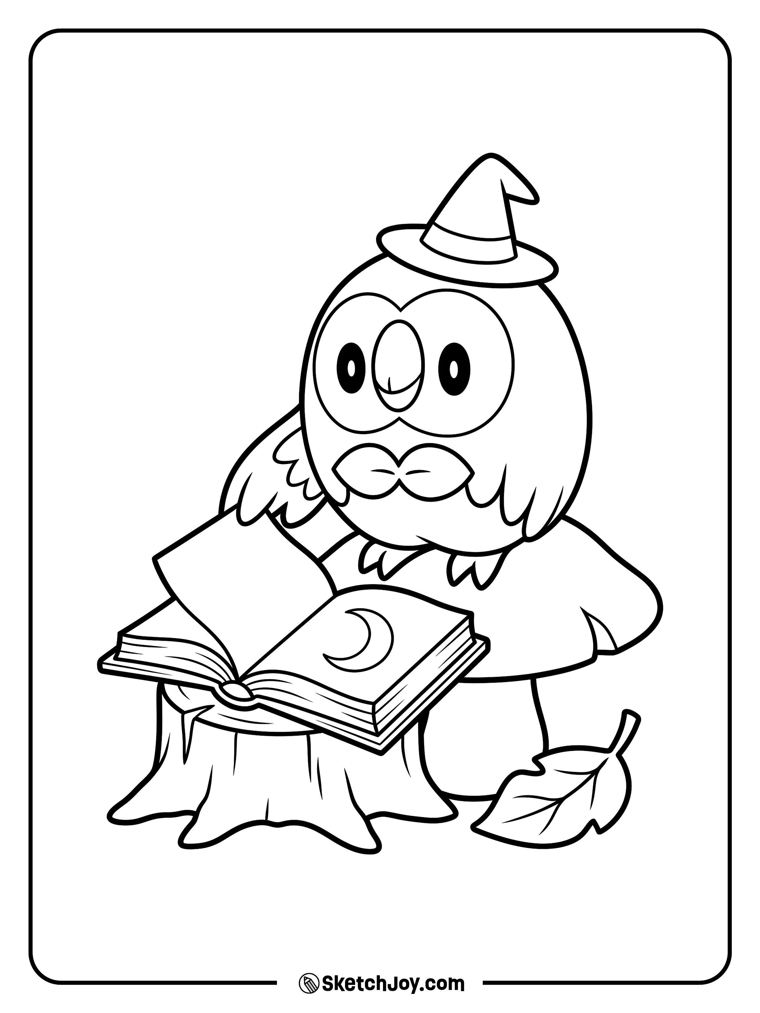 Rowlet turns a giant book page while perched on a broad mushroom seat.