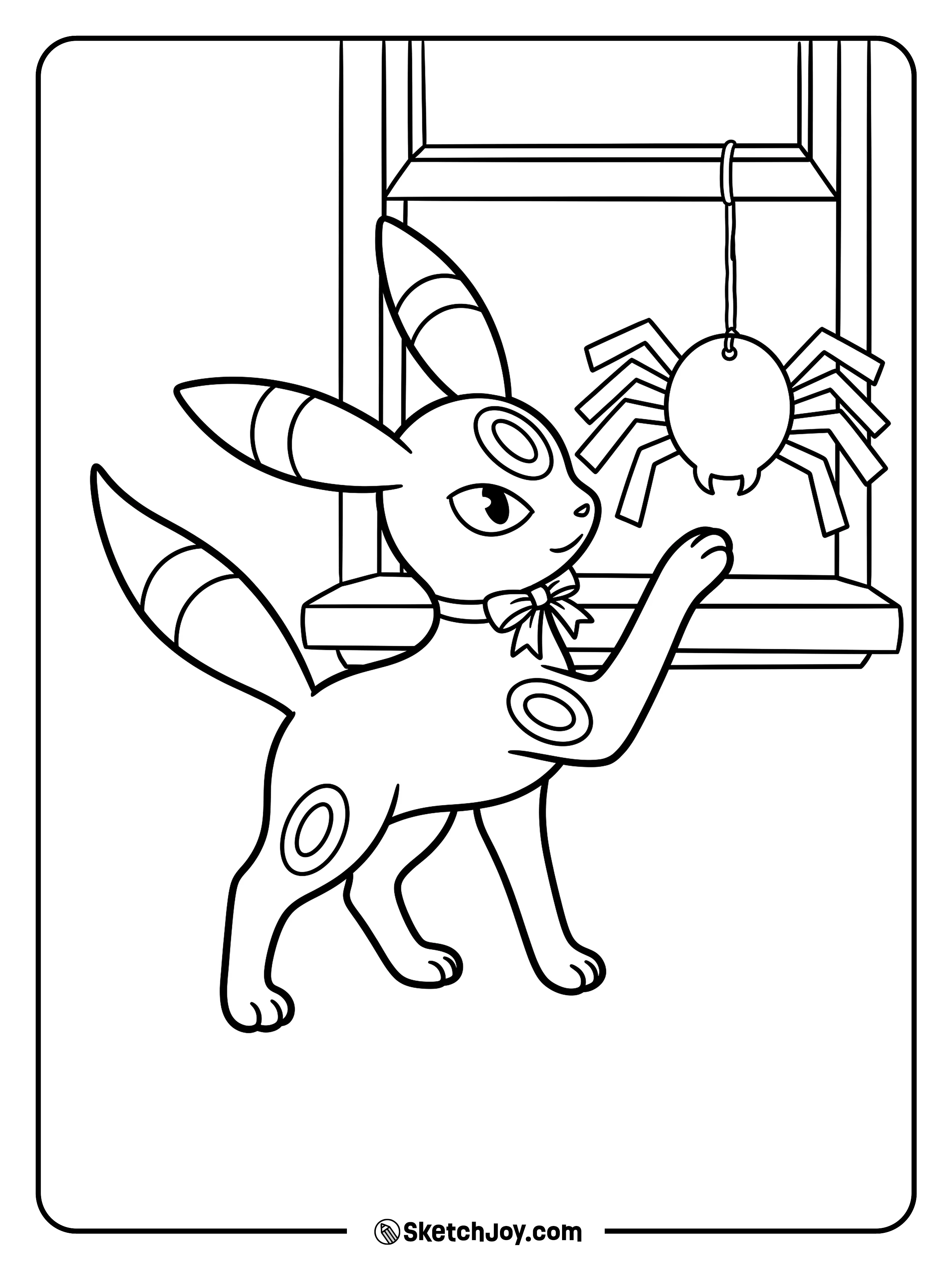 Umbreon reaches for a paper spider hanging just inside the window.