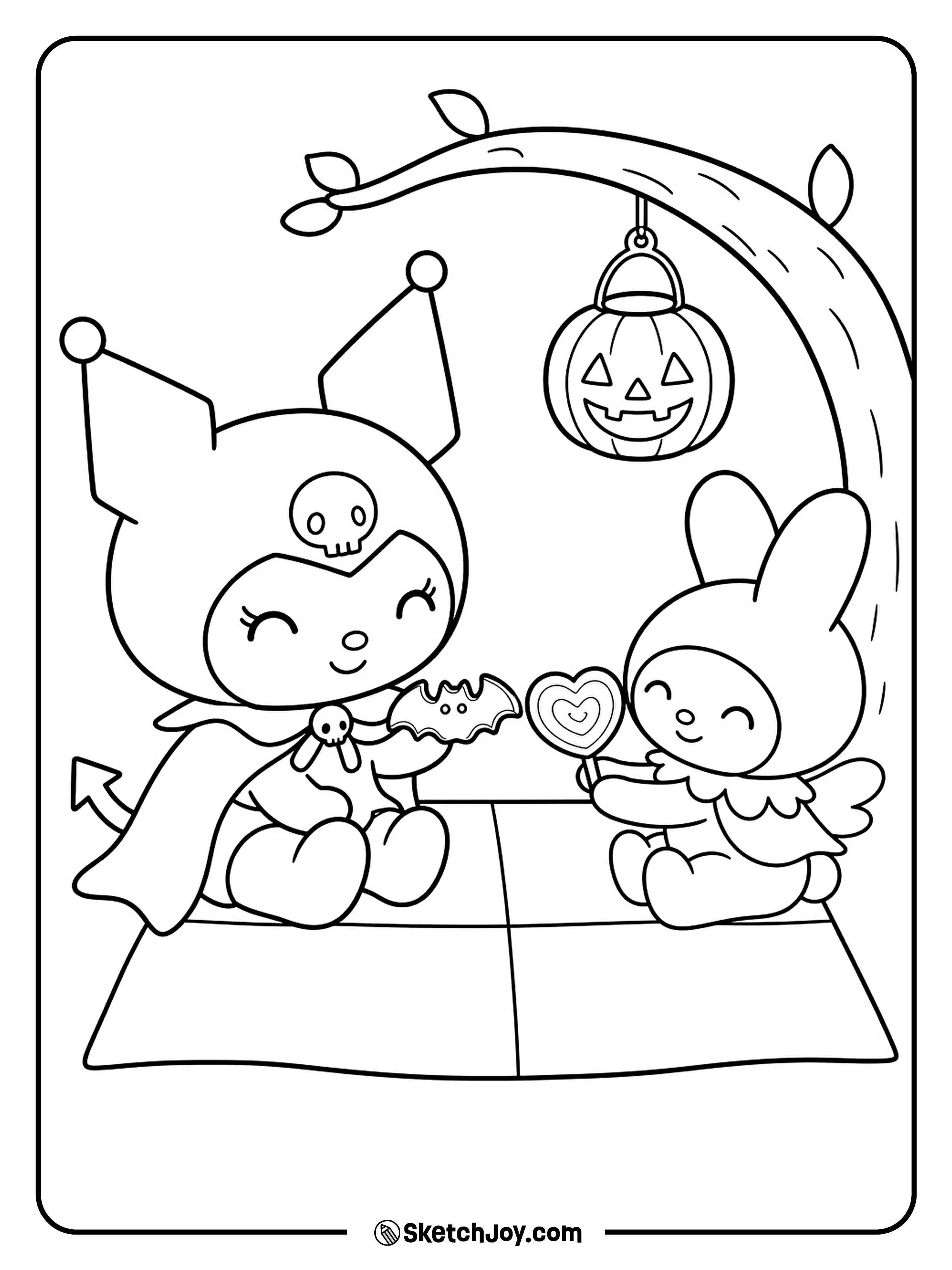 Two friends trade a bat cookie and a heart candy during their Halloween picnic.