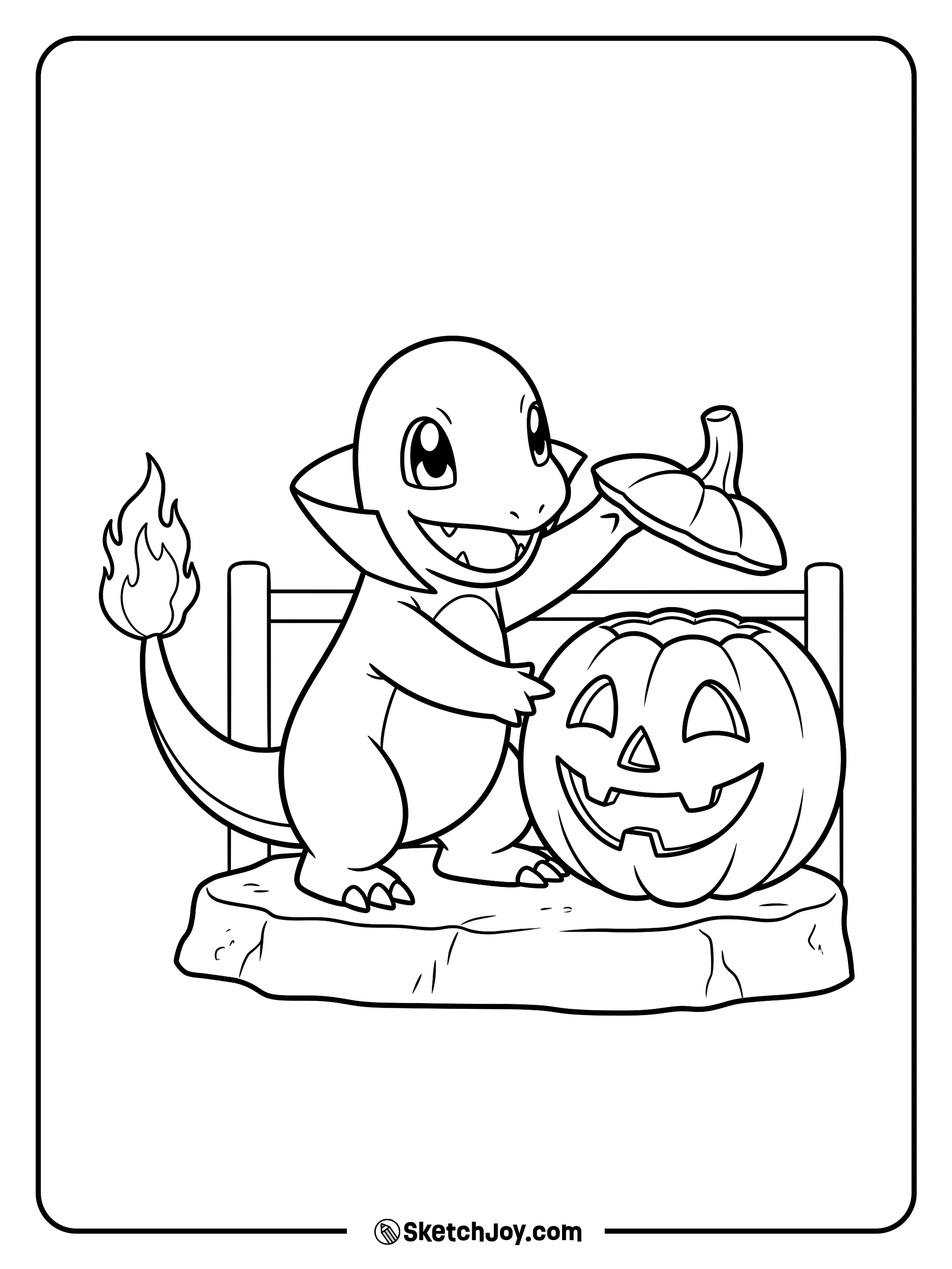 Charmander checks a lantern's funny face with help from the flame on its tail.