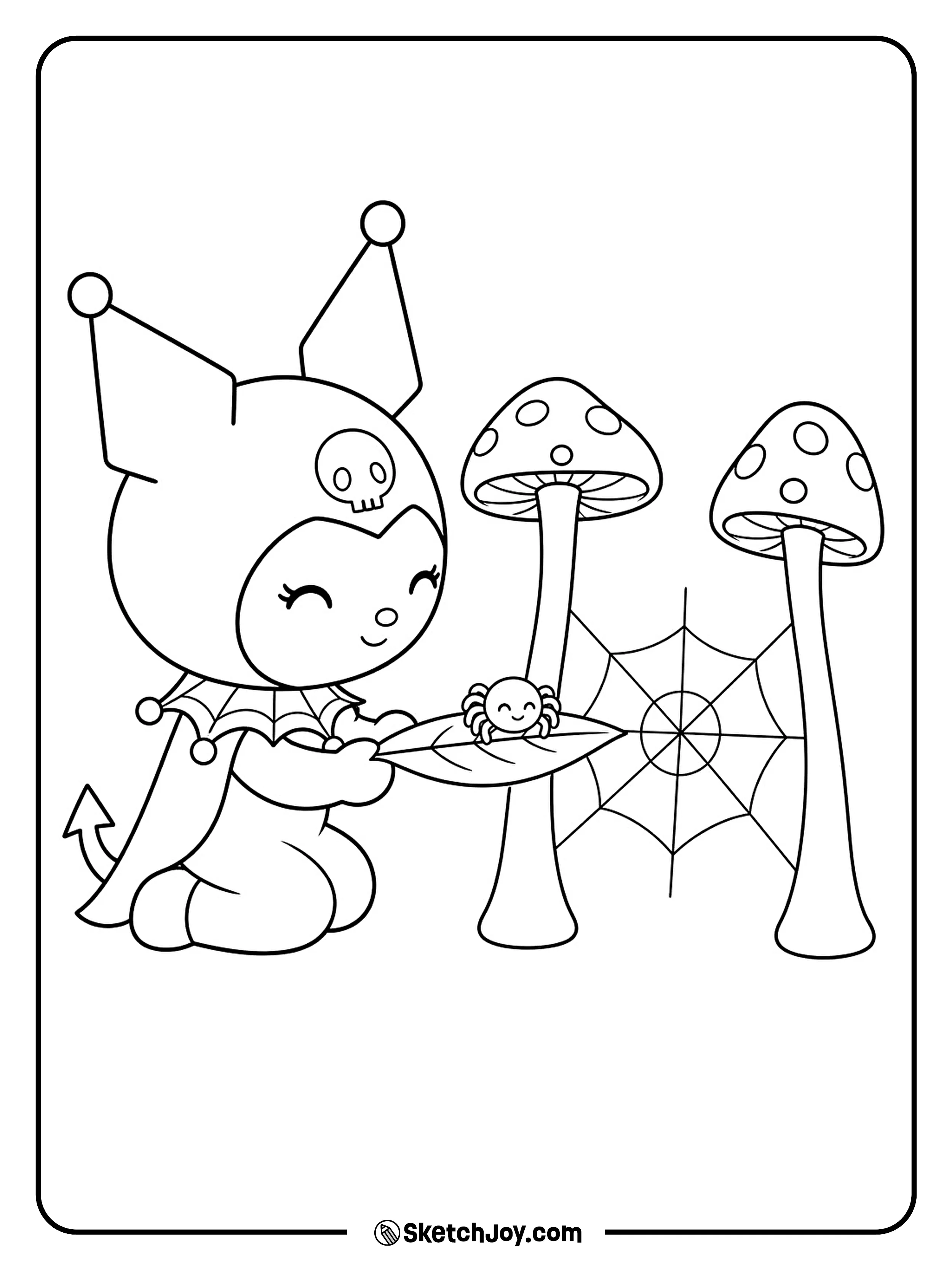 A friendly spider rides on a leaf toward a web between two mushrooms.