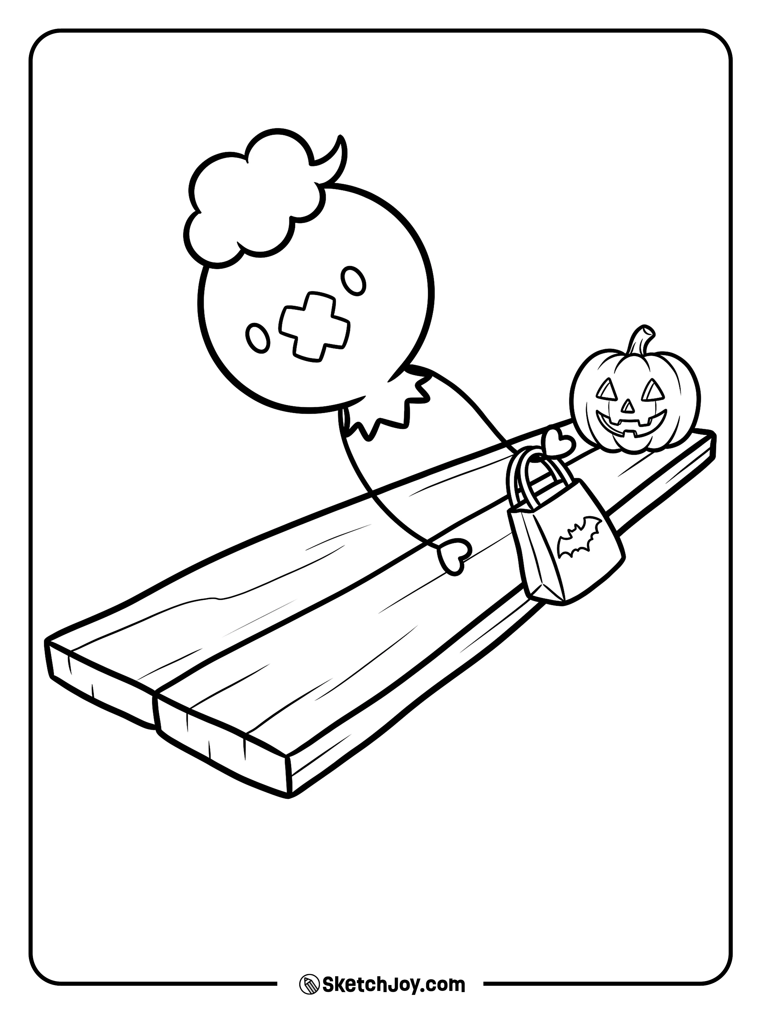 Drifloon carries a small sweet bag across a low wooden bridge.