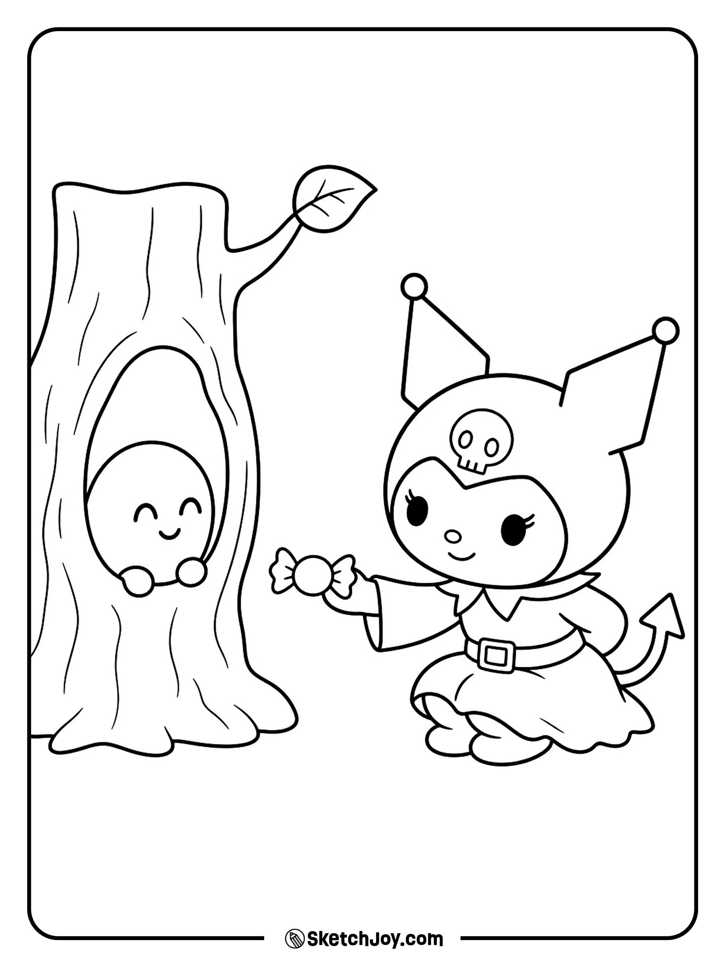 Kuromi offers a sweet to a shy ghost peeking out of a hollow tree.