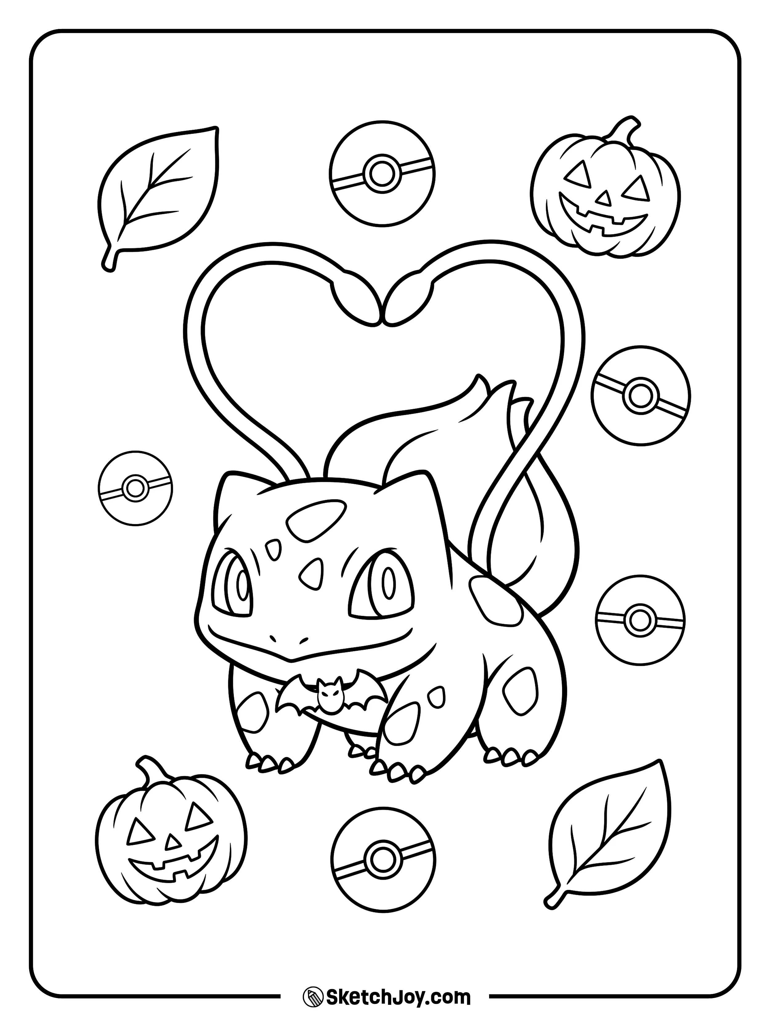 Two curved vines form a heart above a calm little friend with a bat bow tie.