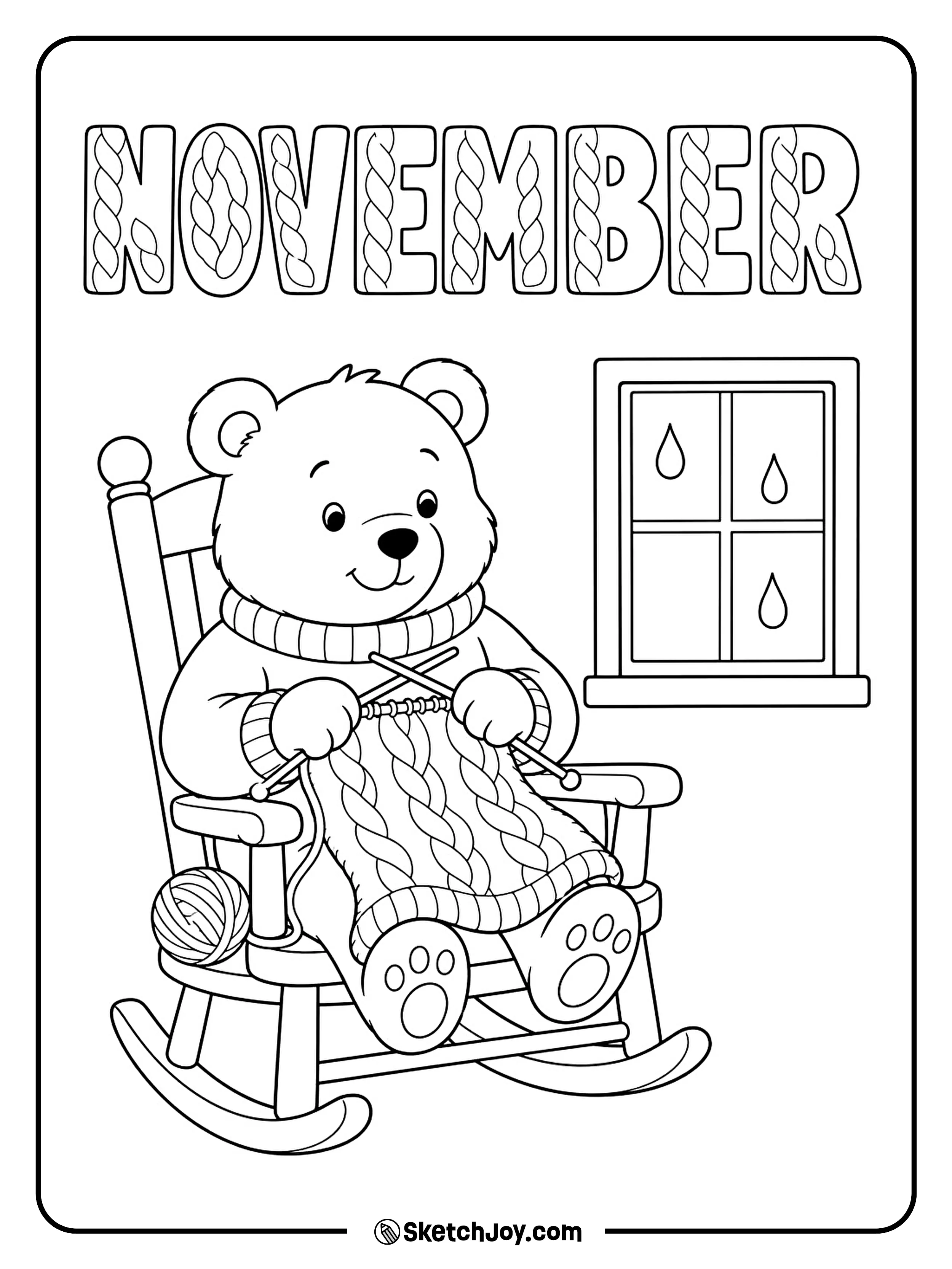 A bear knits a small blanket in a rocking chair while rain taps the window.