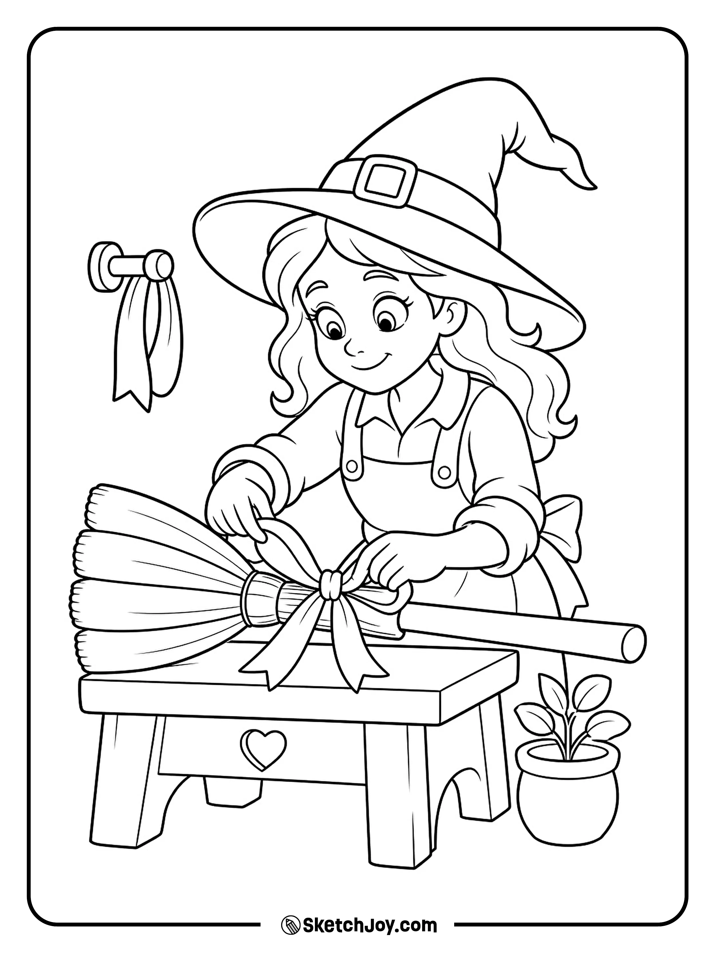 A witch ties a wide bow around fresh broom bristles at her workbench.