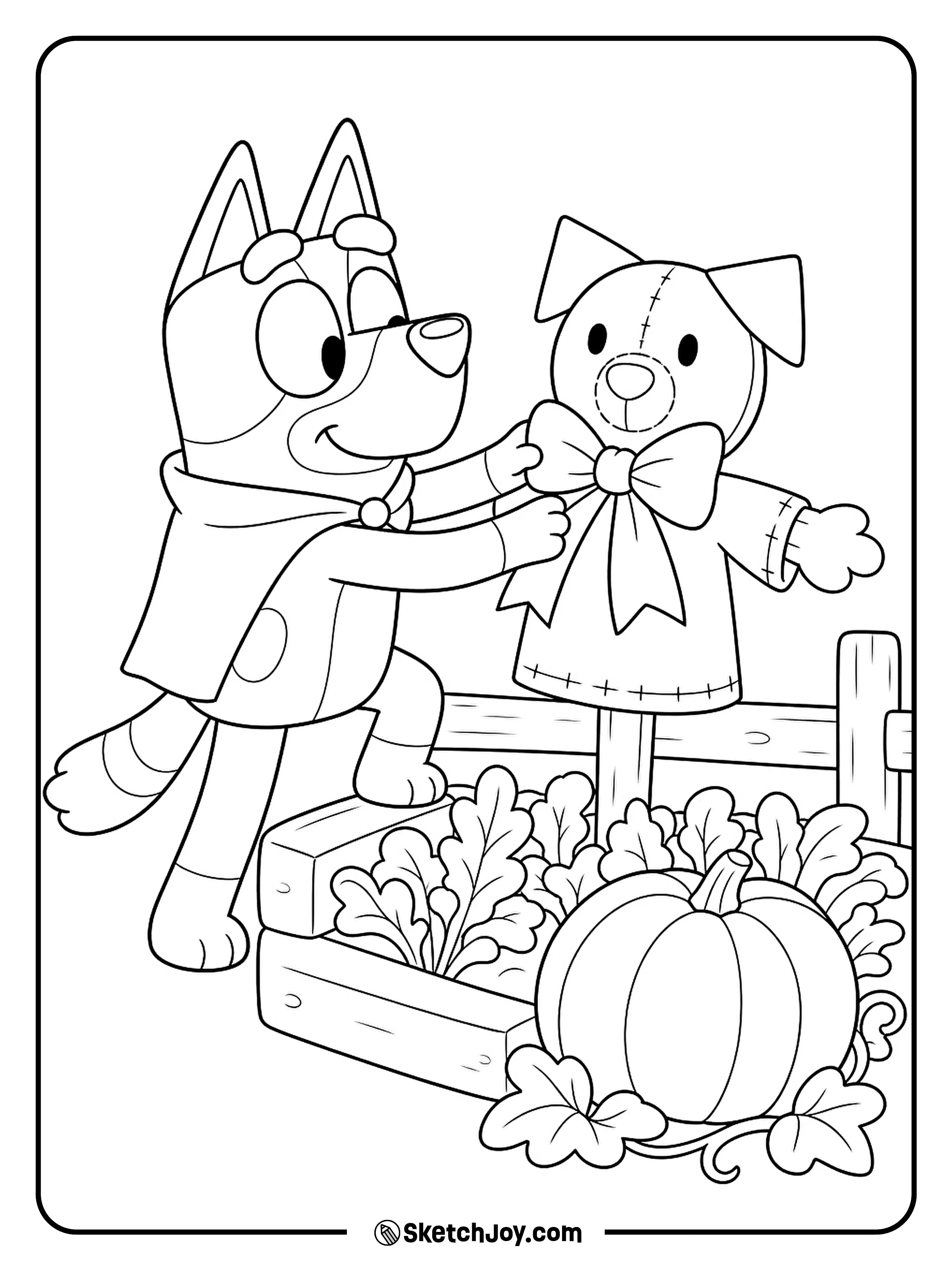 The garden's friendliest scarecrow gets a bow just in time for the party.