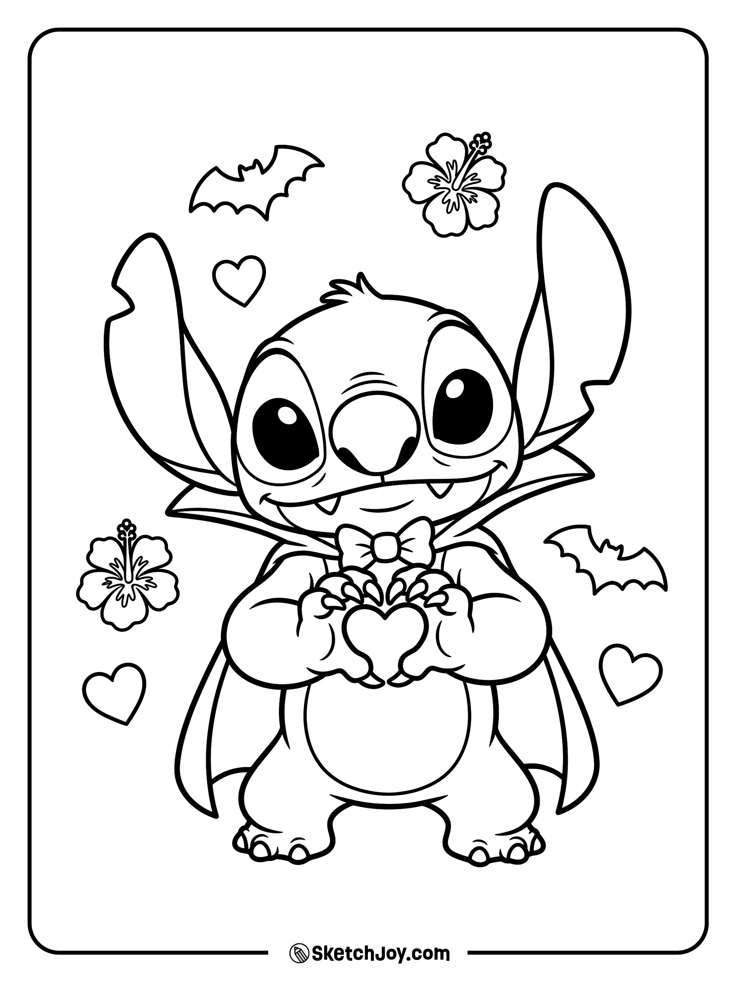 A shy vampire makes a heart with his paws as bats and flowers float nearby.
