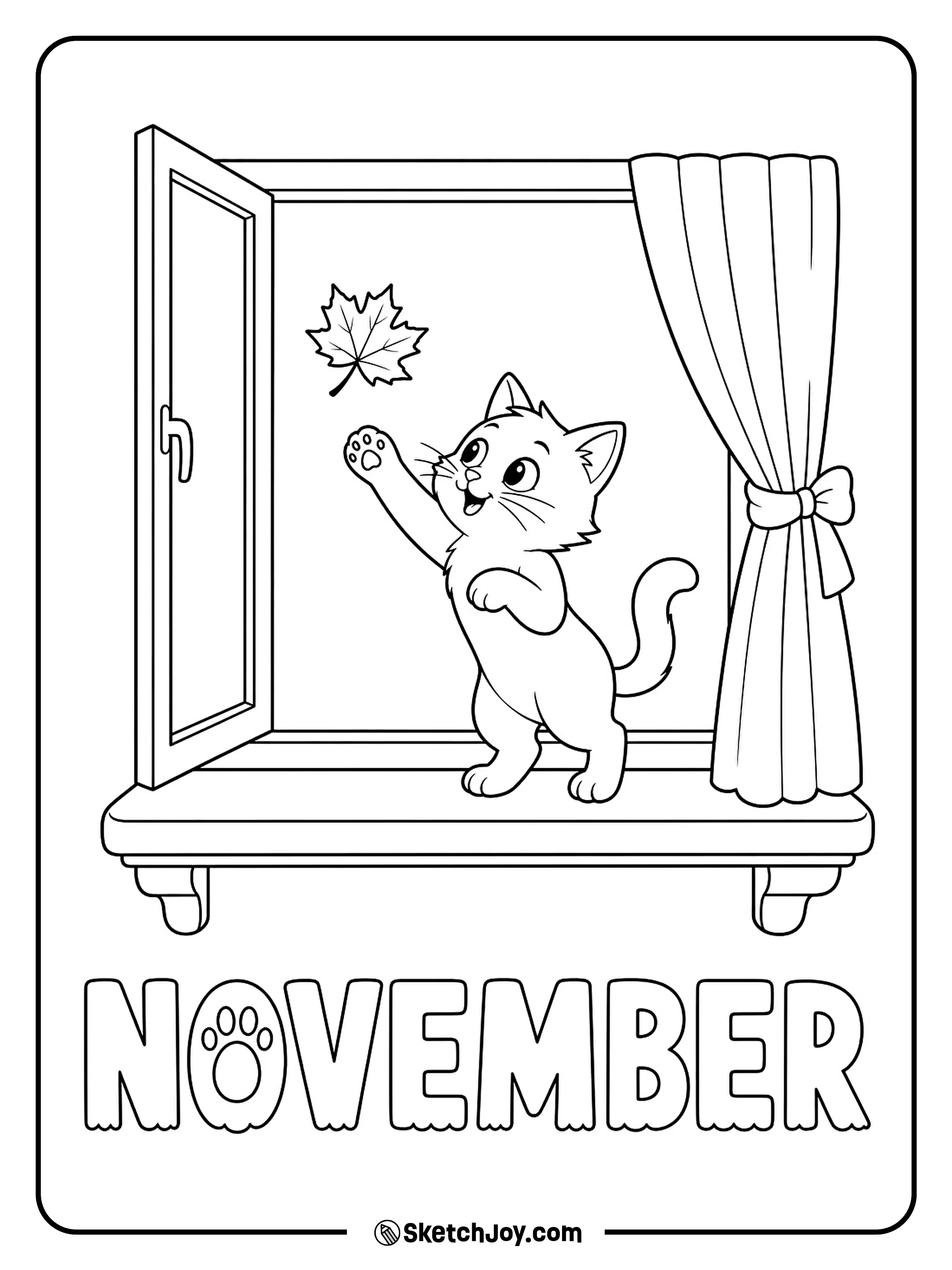 A cat reaches from a window seat to catch one leaf drifting past the open window.