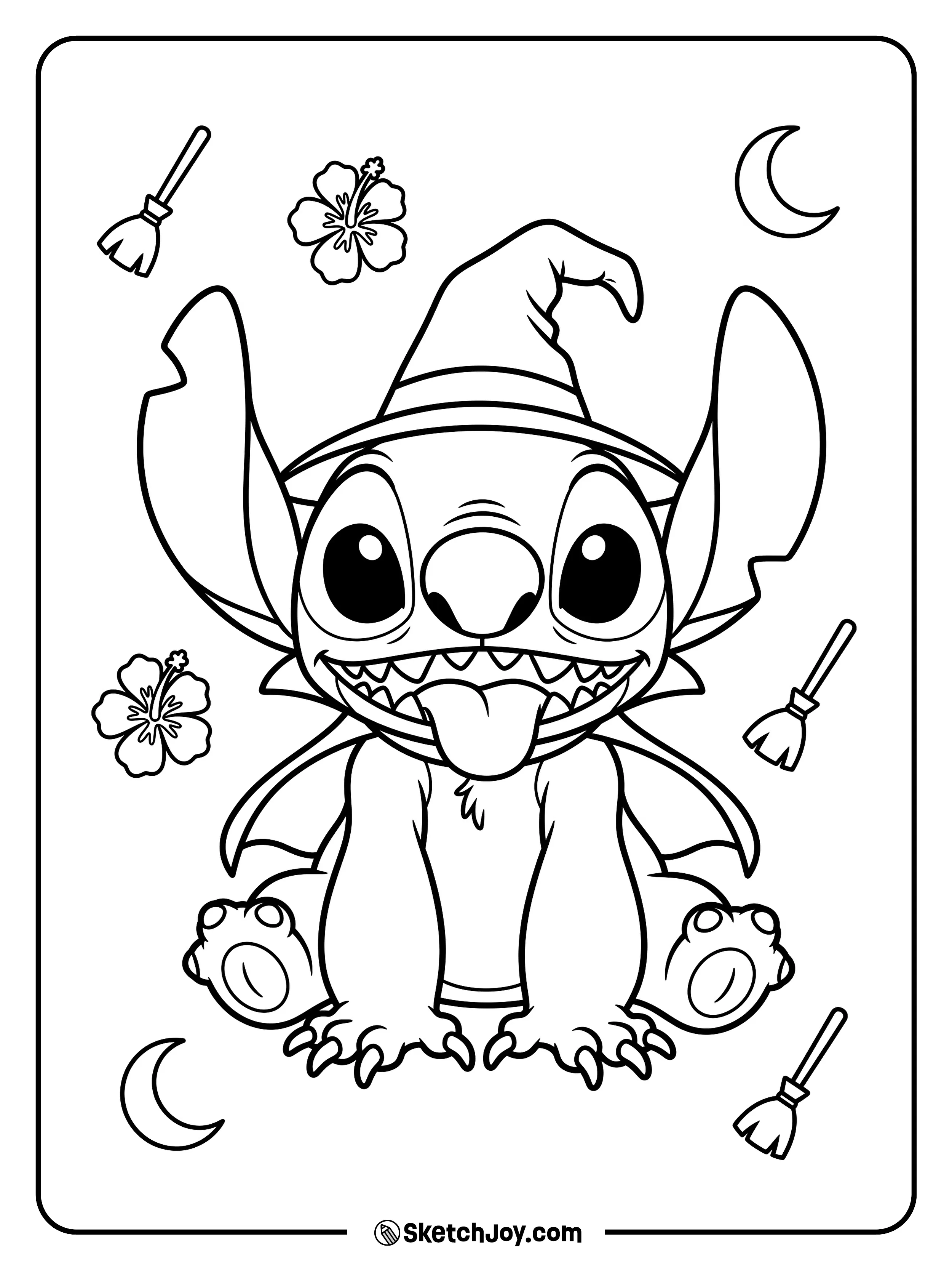 A crooked hat and a playful tongue-out grin sit among brooms, flowers, and moons.