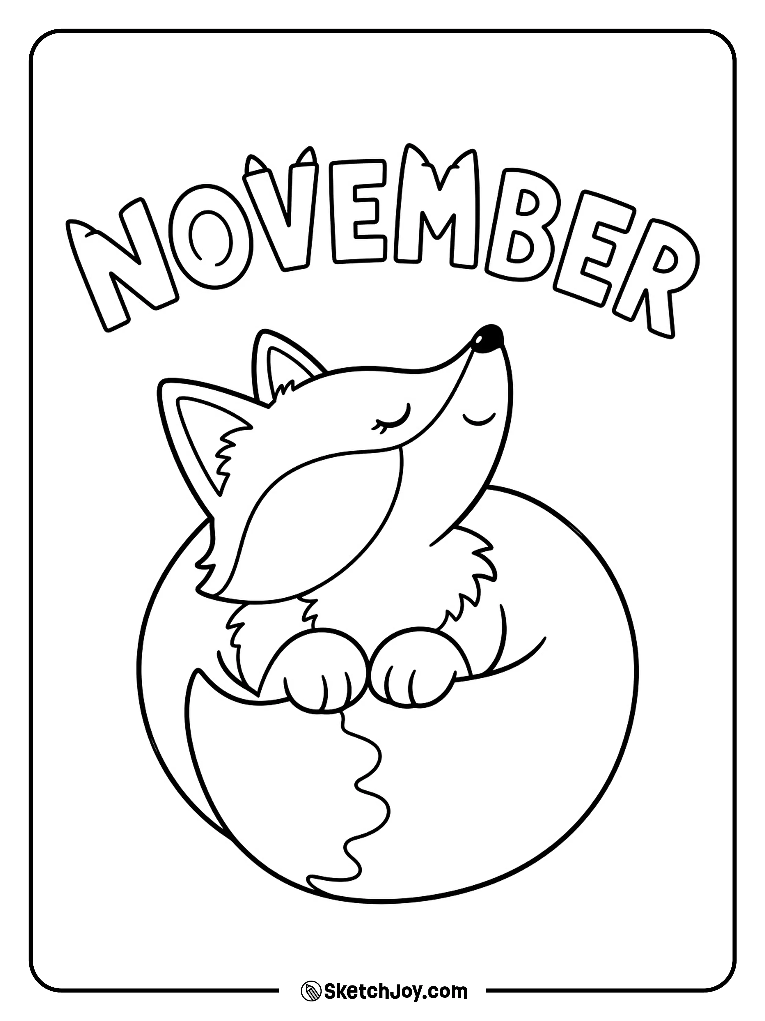 A curled fox looks up from its bushy tail at a gentle arch of November letters.