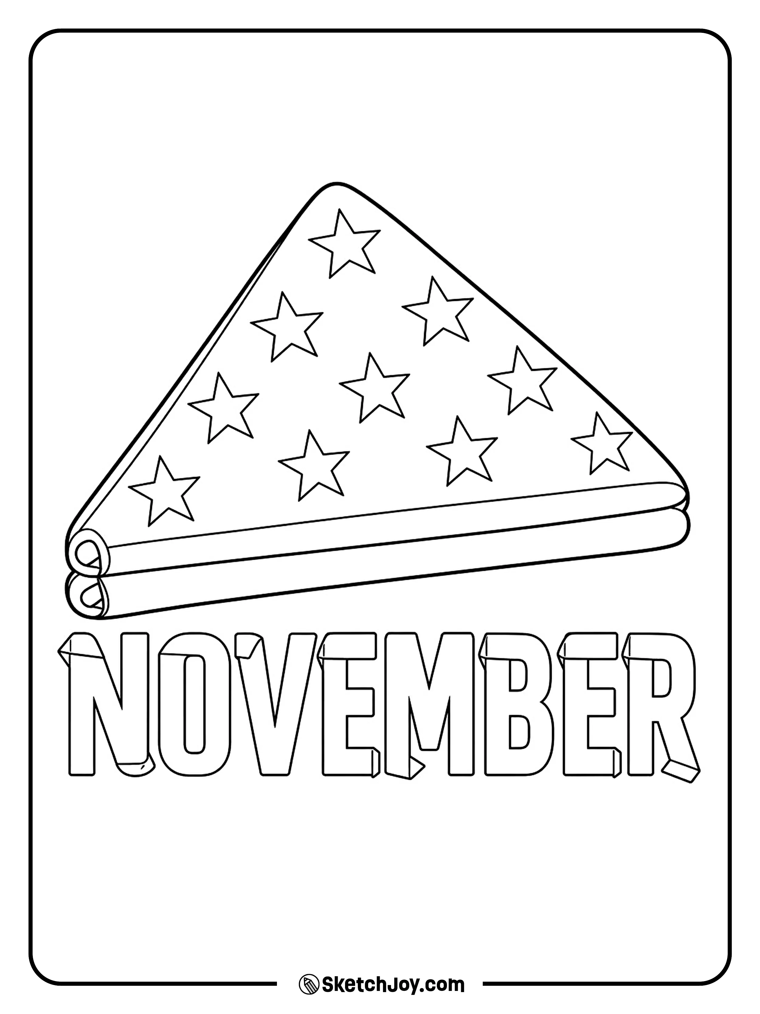 A folded American flag rests above November letters with broad ribbon-like strokes.