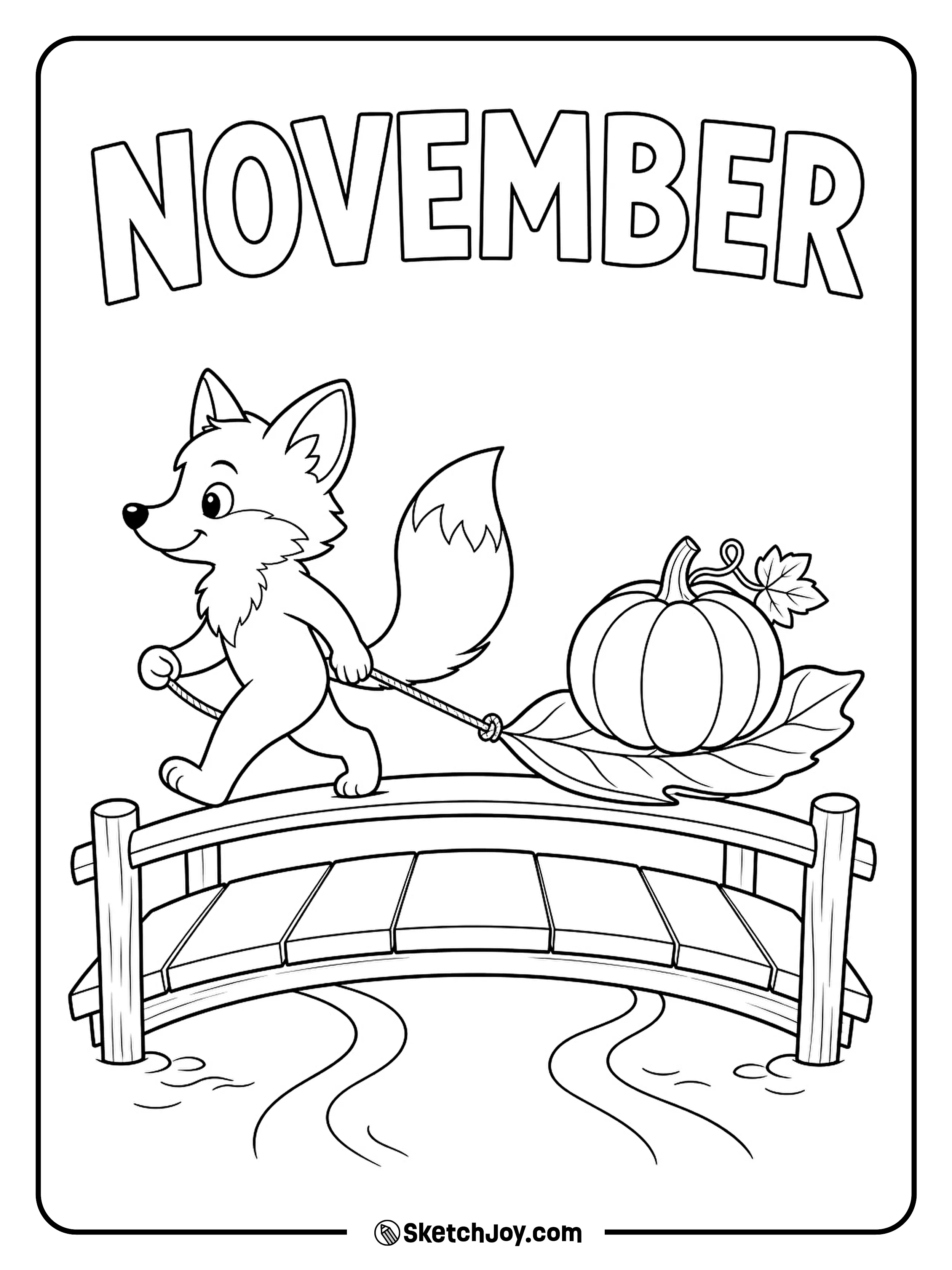 A fox pulls a pumpkin on a leaf-shaped sled across a small bridge.