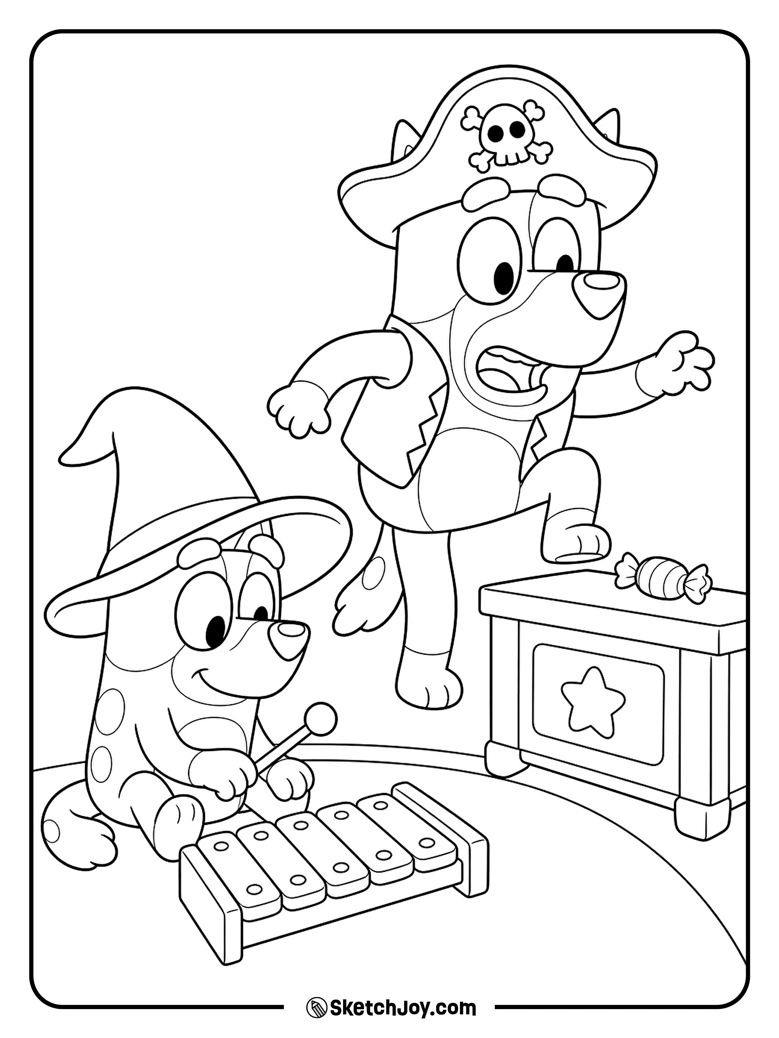 The magic xylophone stops Dad halfway through a sneaky grab for candy.