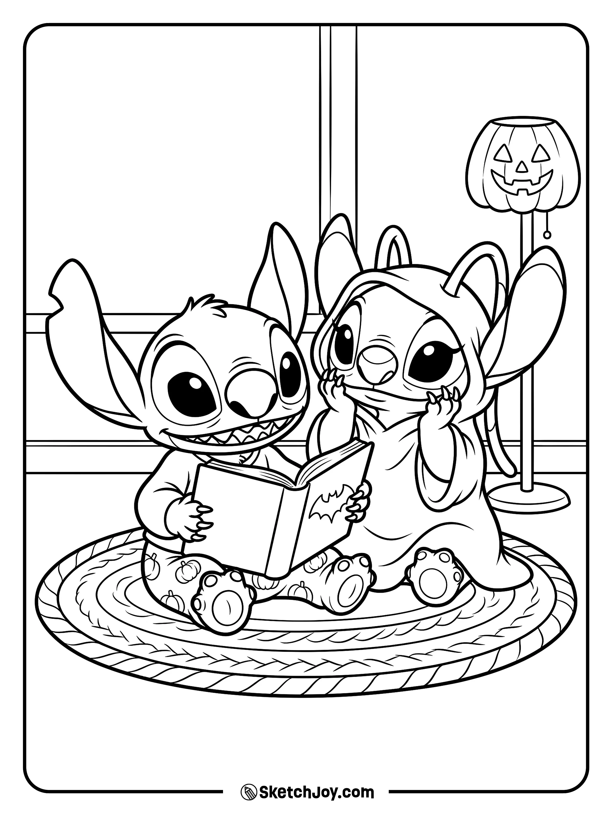 Stitch reads from a big book while Angel waits for the next surprise.