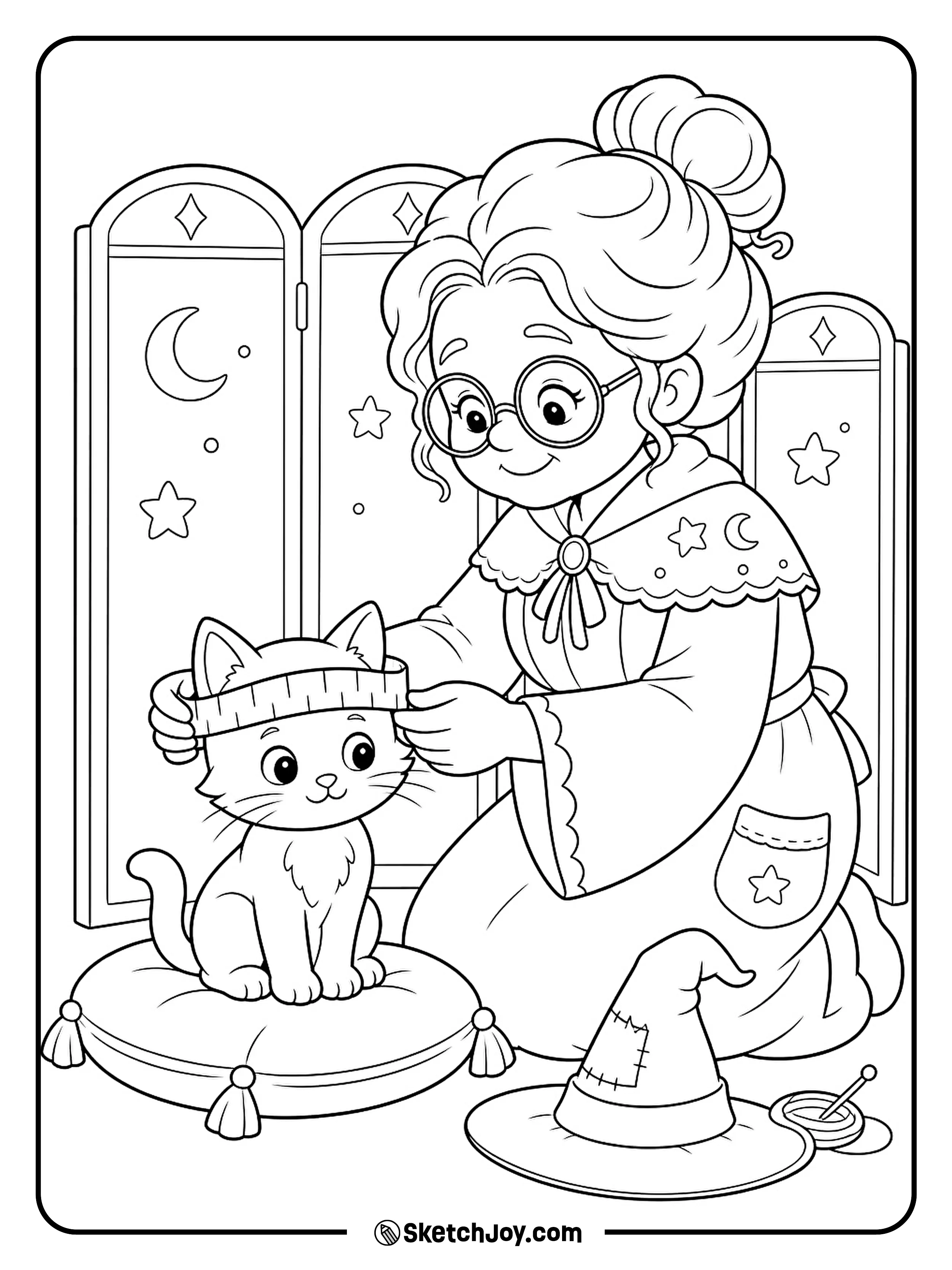 A kind witch measures her kitten for a tiny pointed hat.