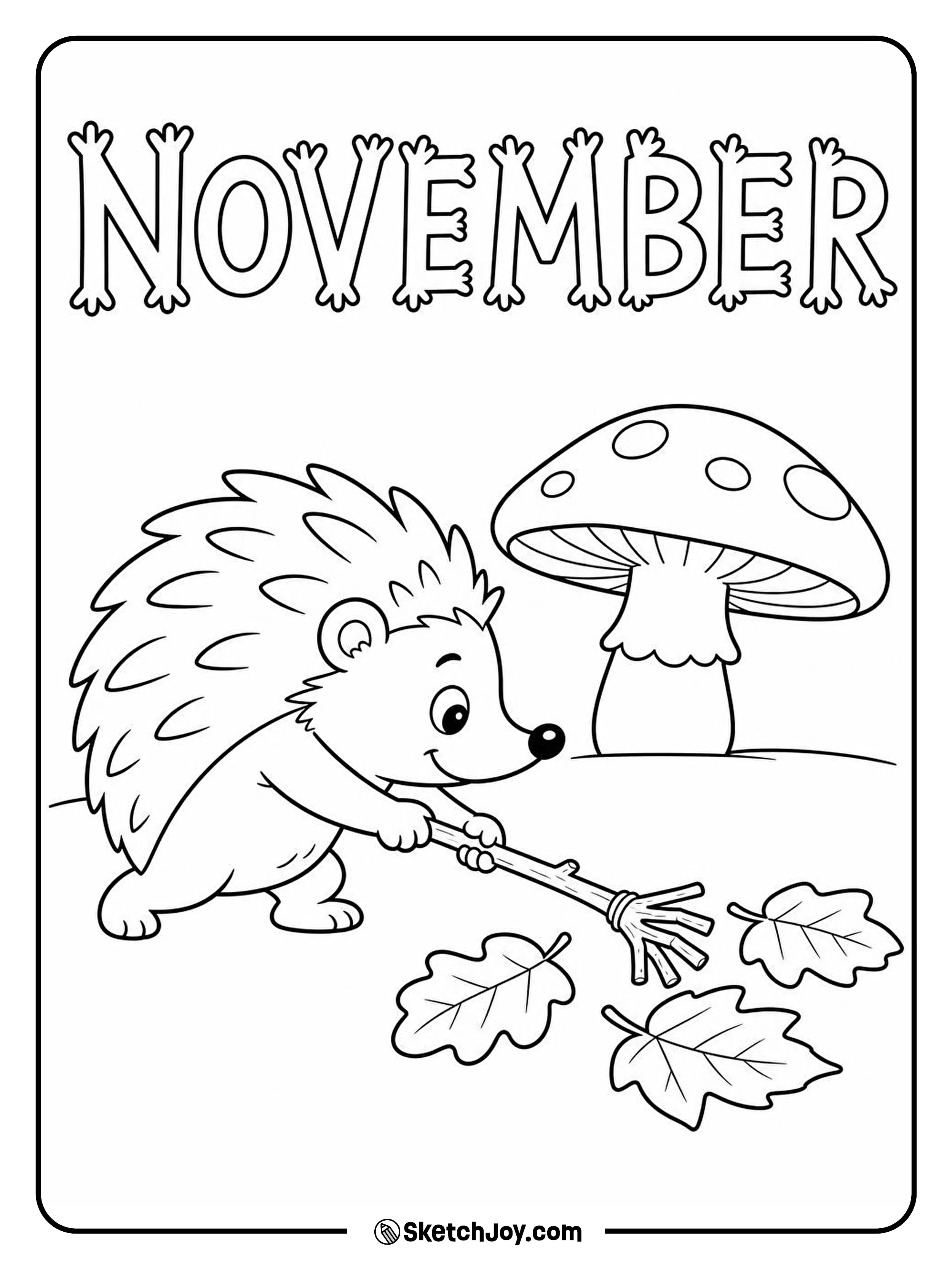 A hedgehog uses a twig rake to gather leaves beside a wide mushroom.
