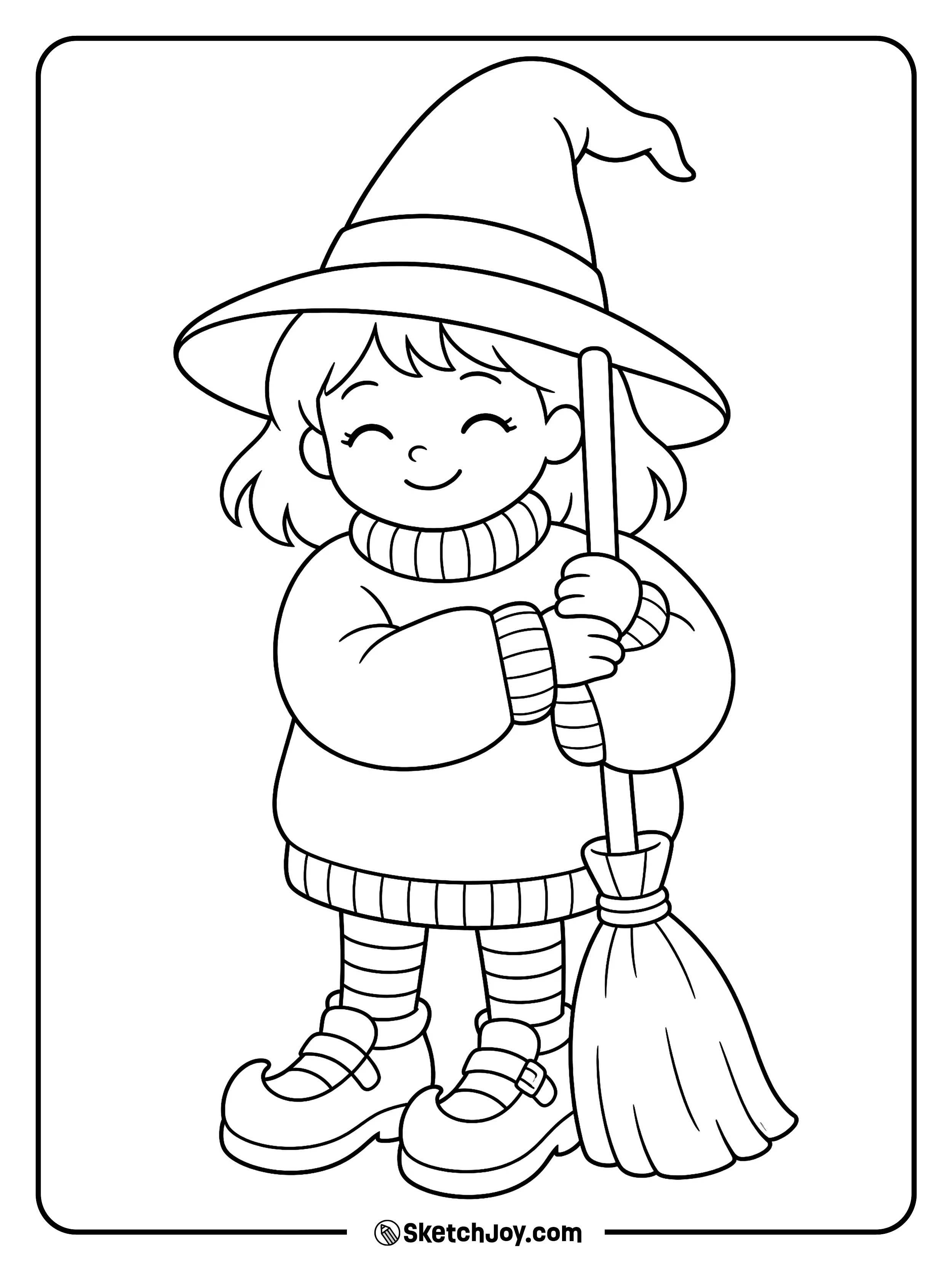 A cozy witch gives her trusty broom a tight hug.