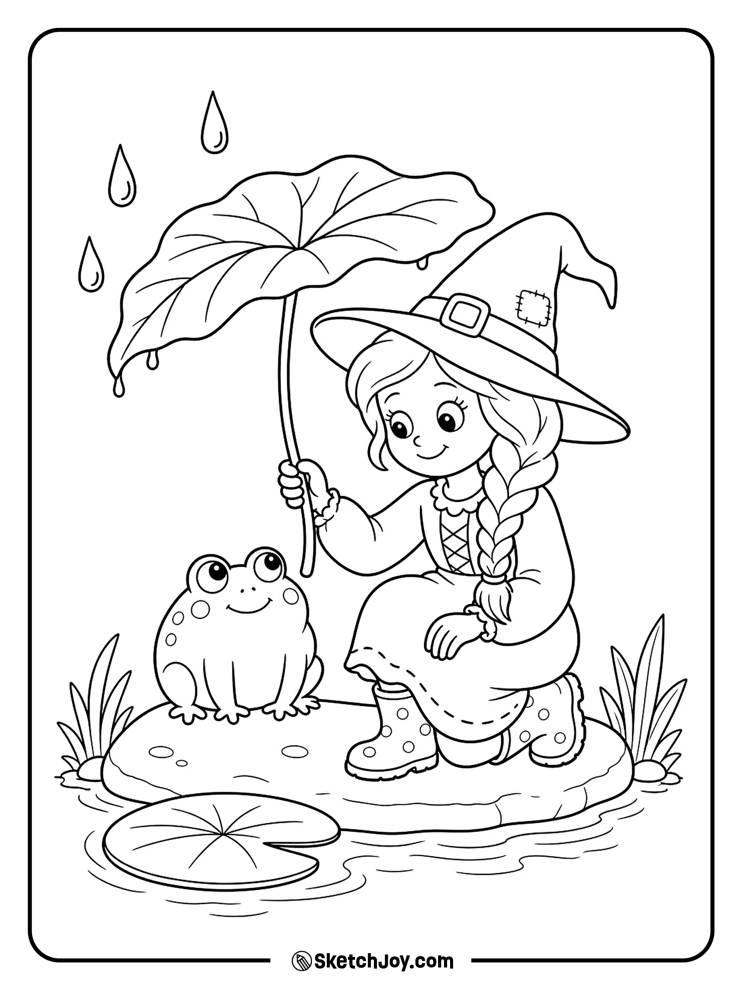 A witch shares a giant leaf umbrella with a frog beside the pond.