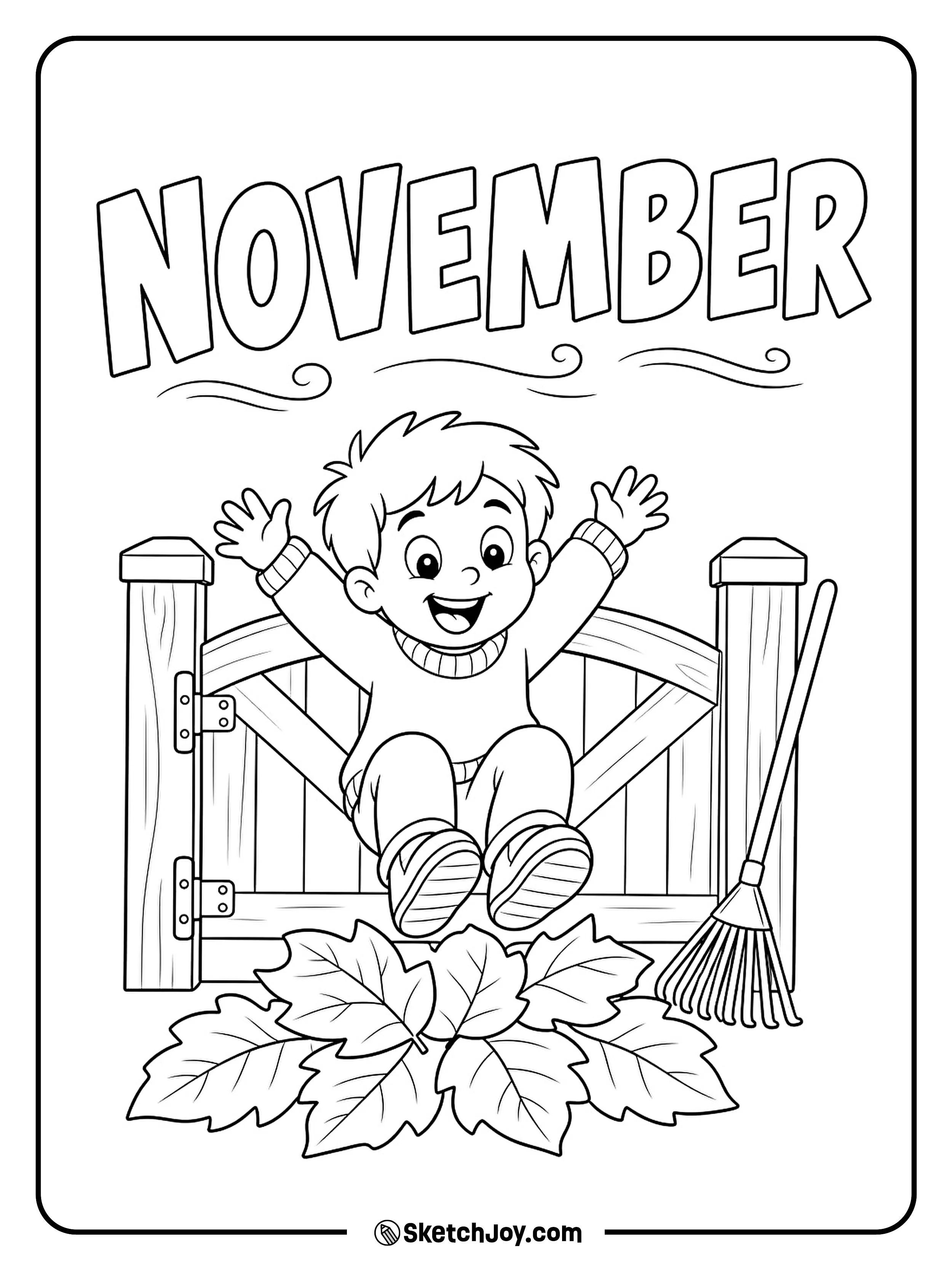 A child jumps into a leaf pile beside a small garden gate.