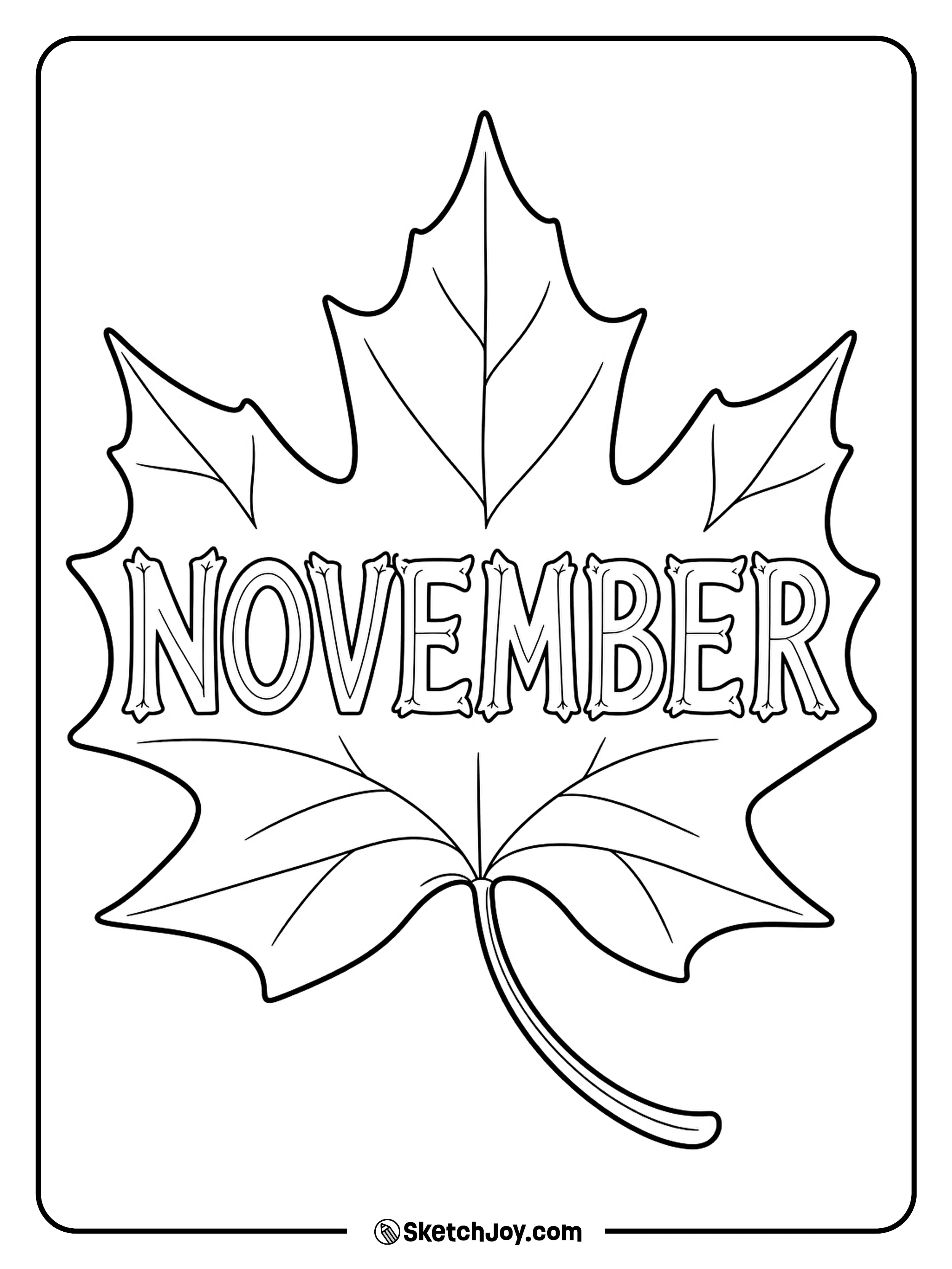 One large maple leaf carries November across its center, with a curled stem below.