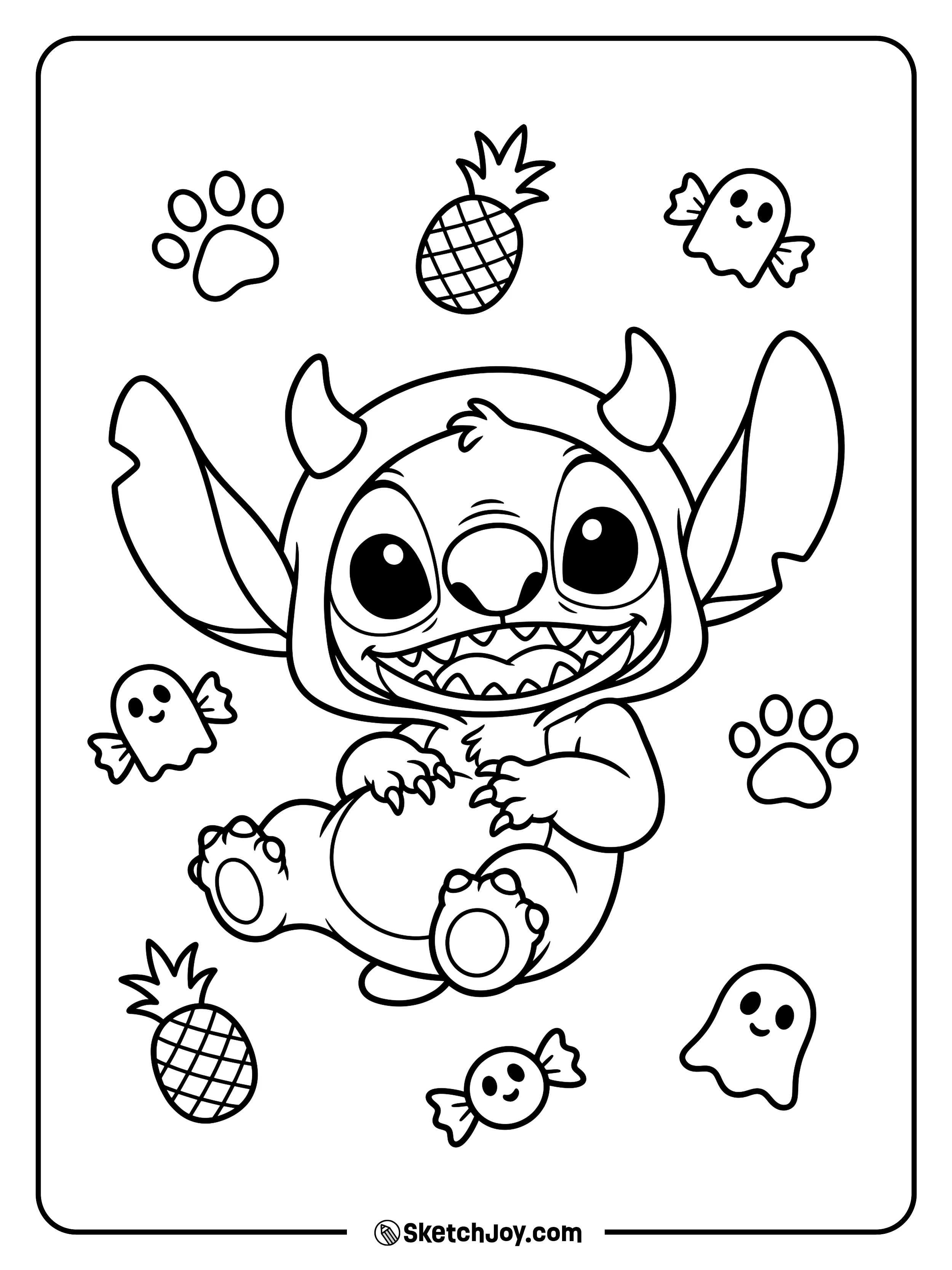 A laughing little monster rolls among paw prints, pineapples, and ghost sweets.