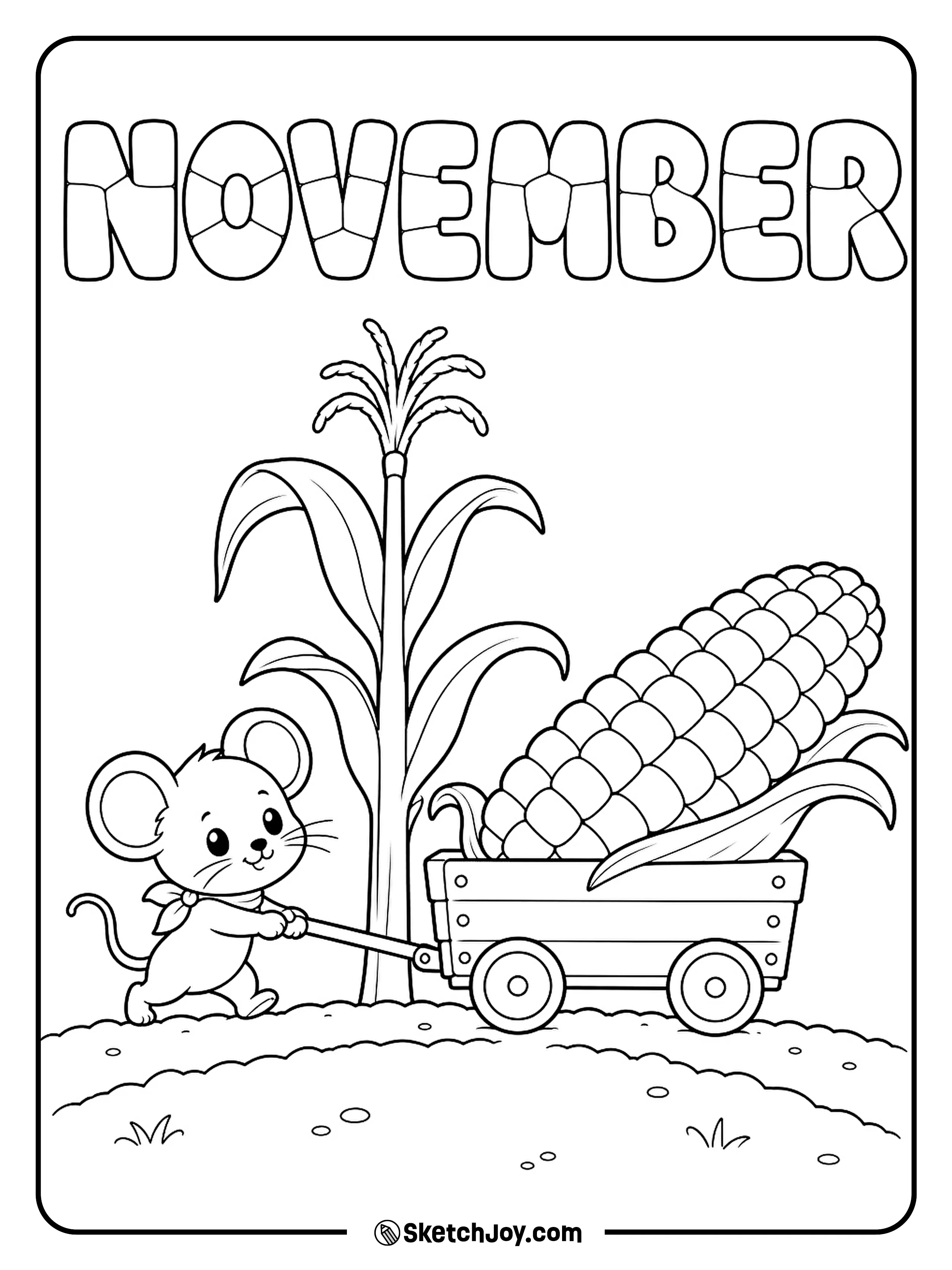 A small mouse pulls a wagon carrying one large ear of corn.