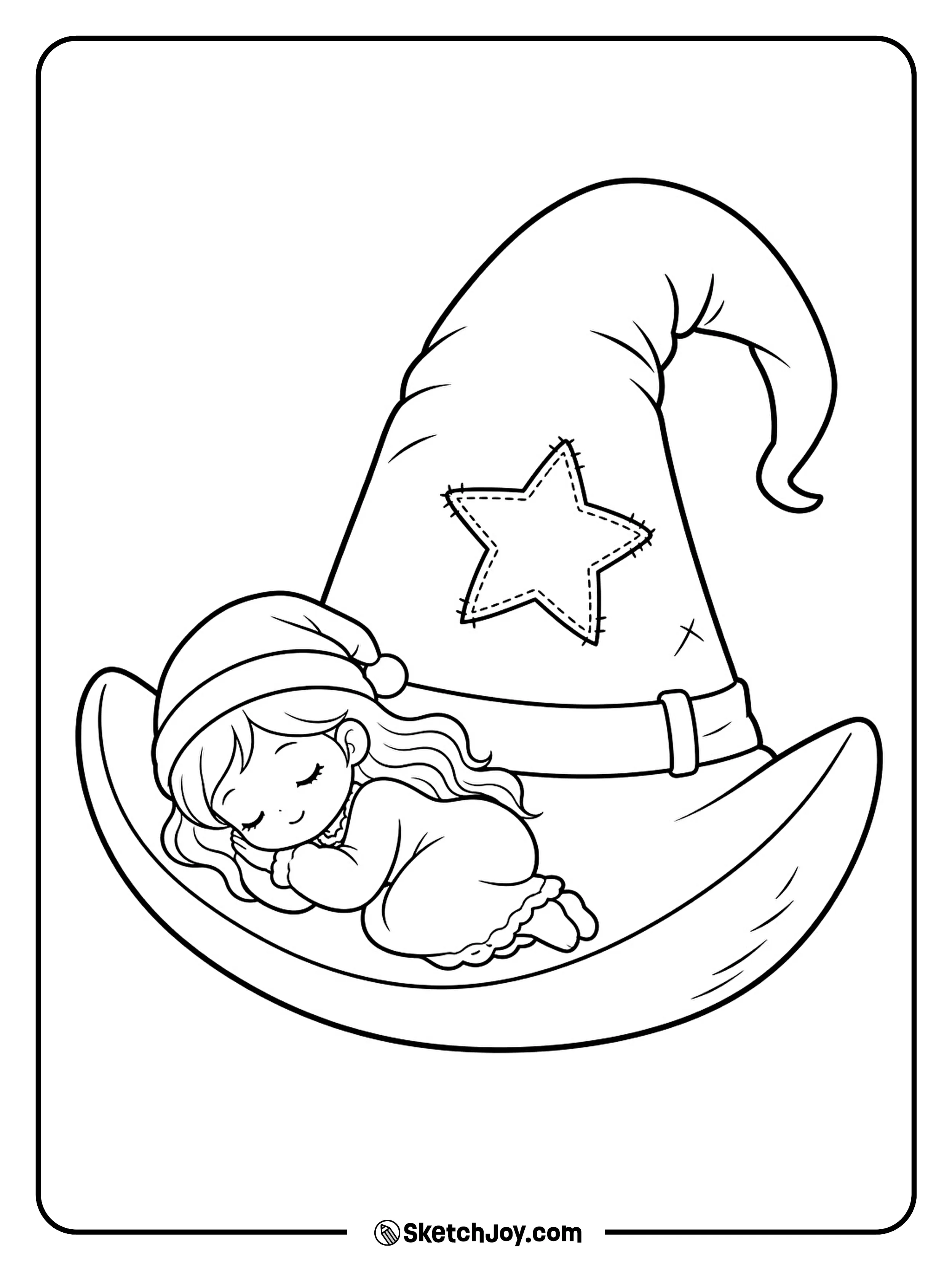 A sleepy little witch curls up inside the brim of a giant pointed hat.