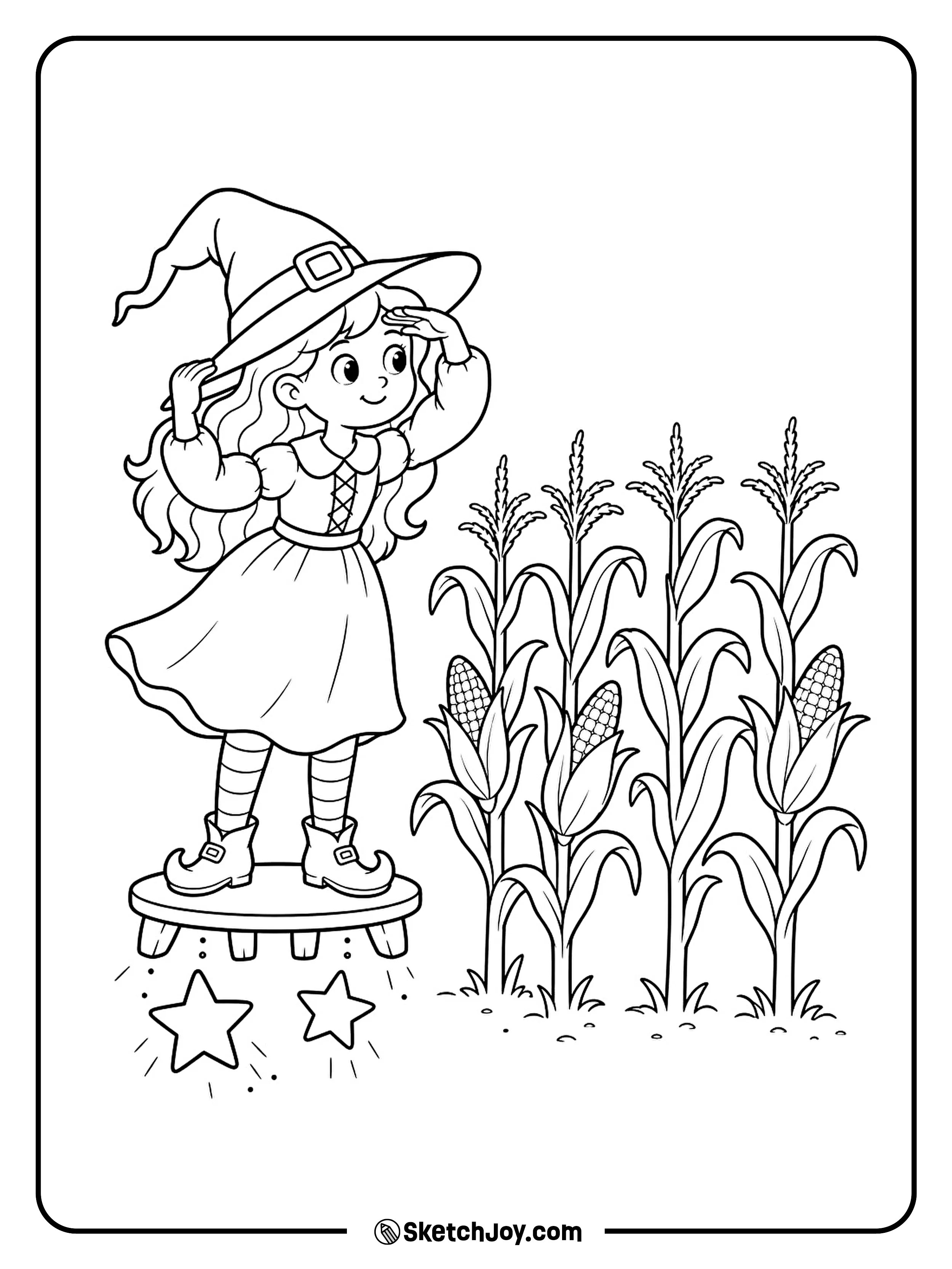 A witch rises on a floating stool to see over the corn maze.