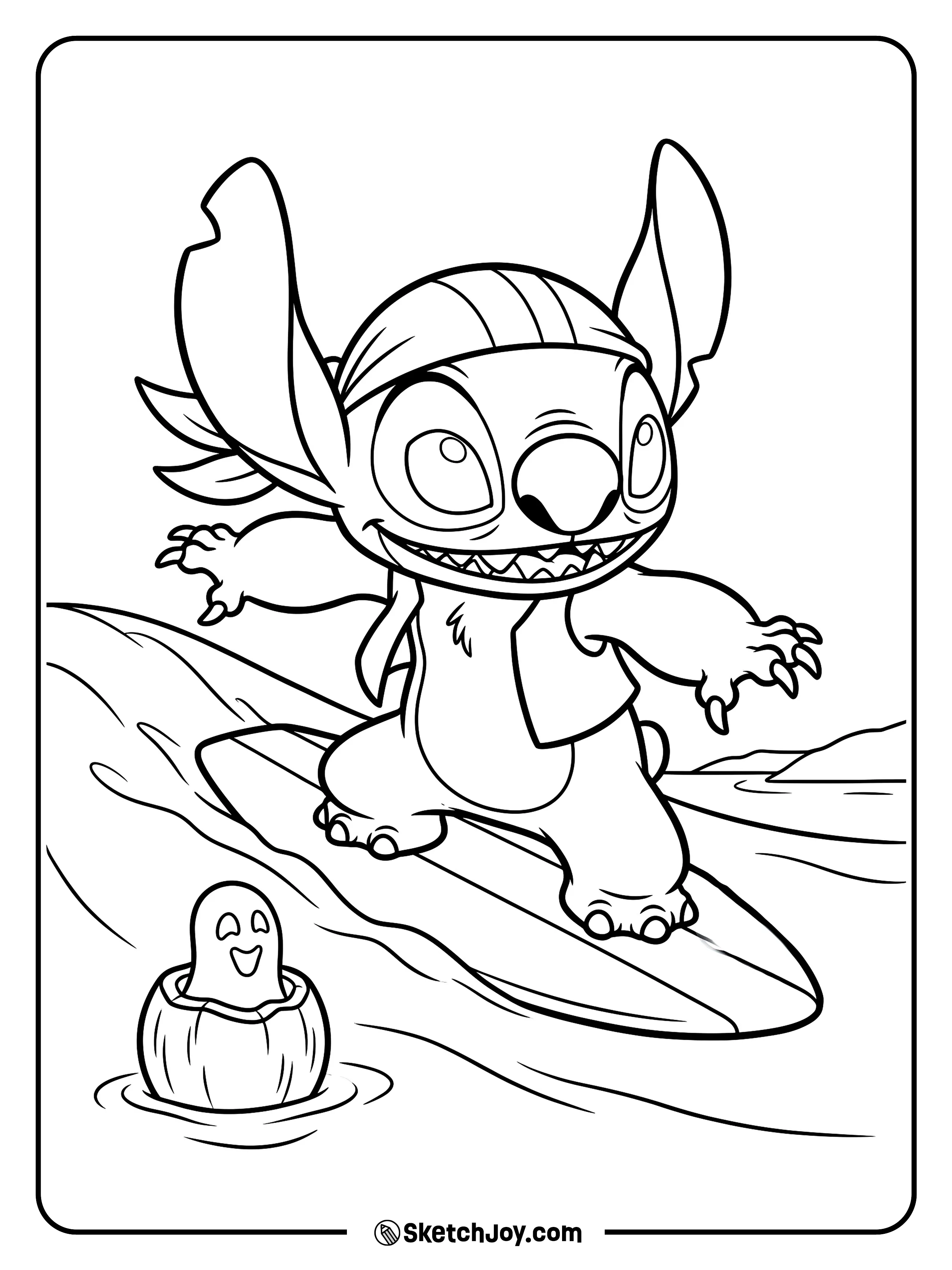 A striped headscarf flaps as a surfboard passes a floating ghost lantern.