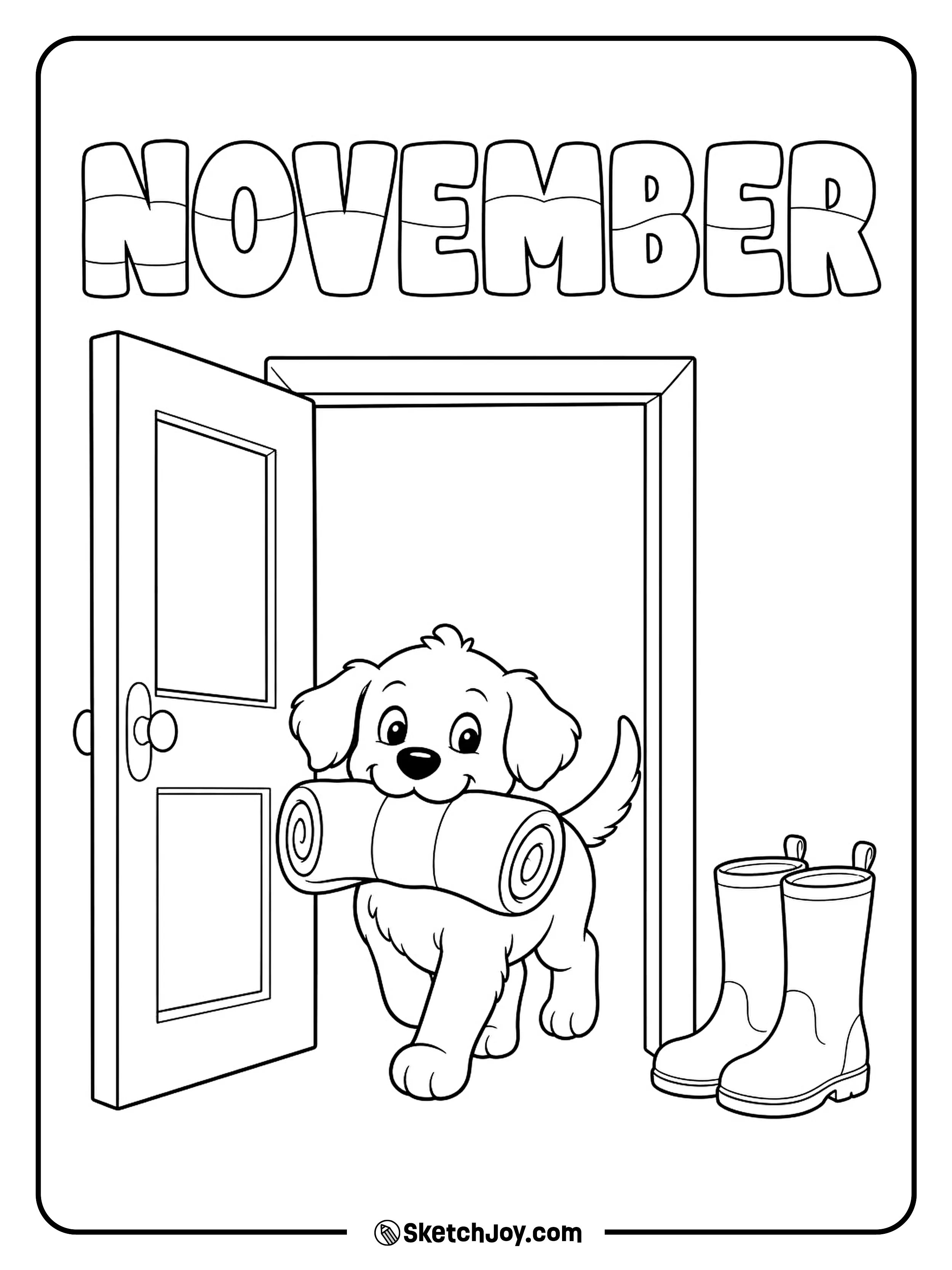 A puppy carries a rolled blanket through a doorway beside one pair of boots.