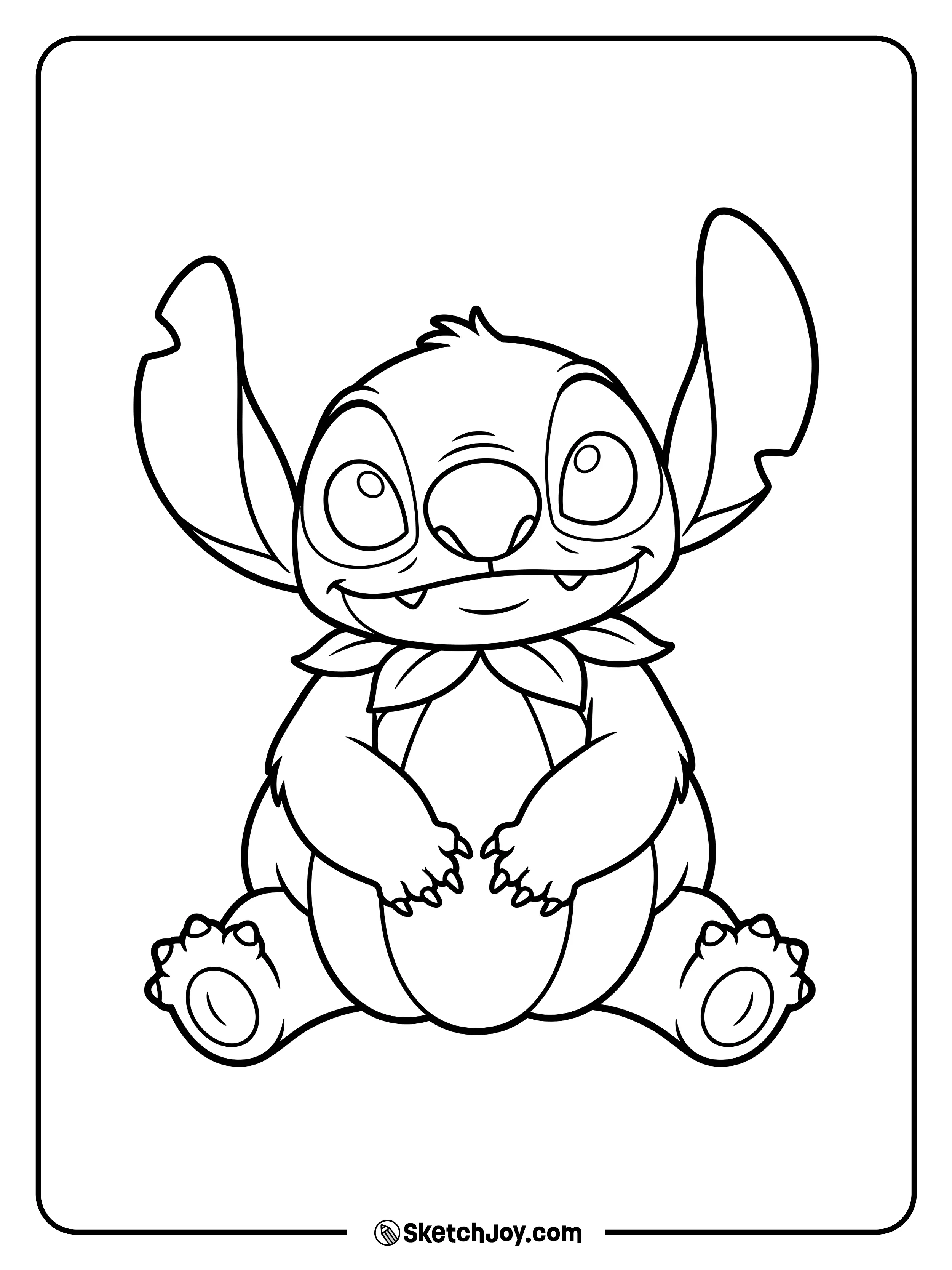 A leaf collar and a round costume frame a calm, curious smile.