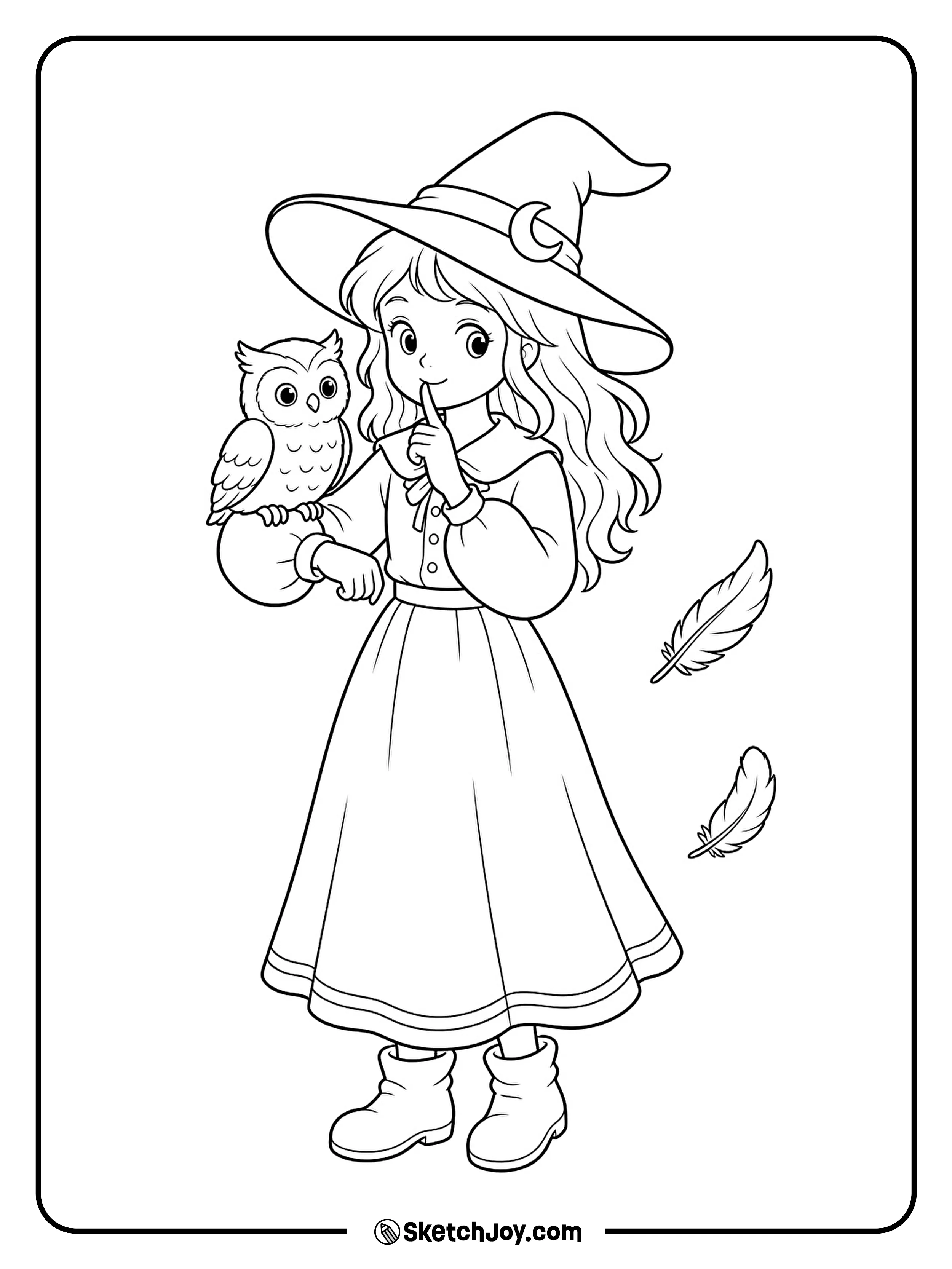 A witch holds one finger to her lips while an owl rests on her arm.