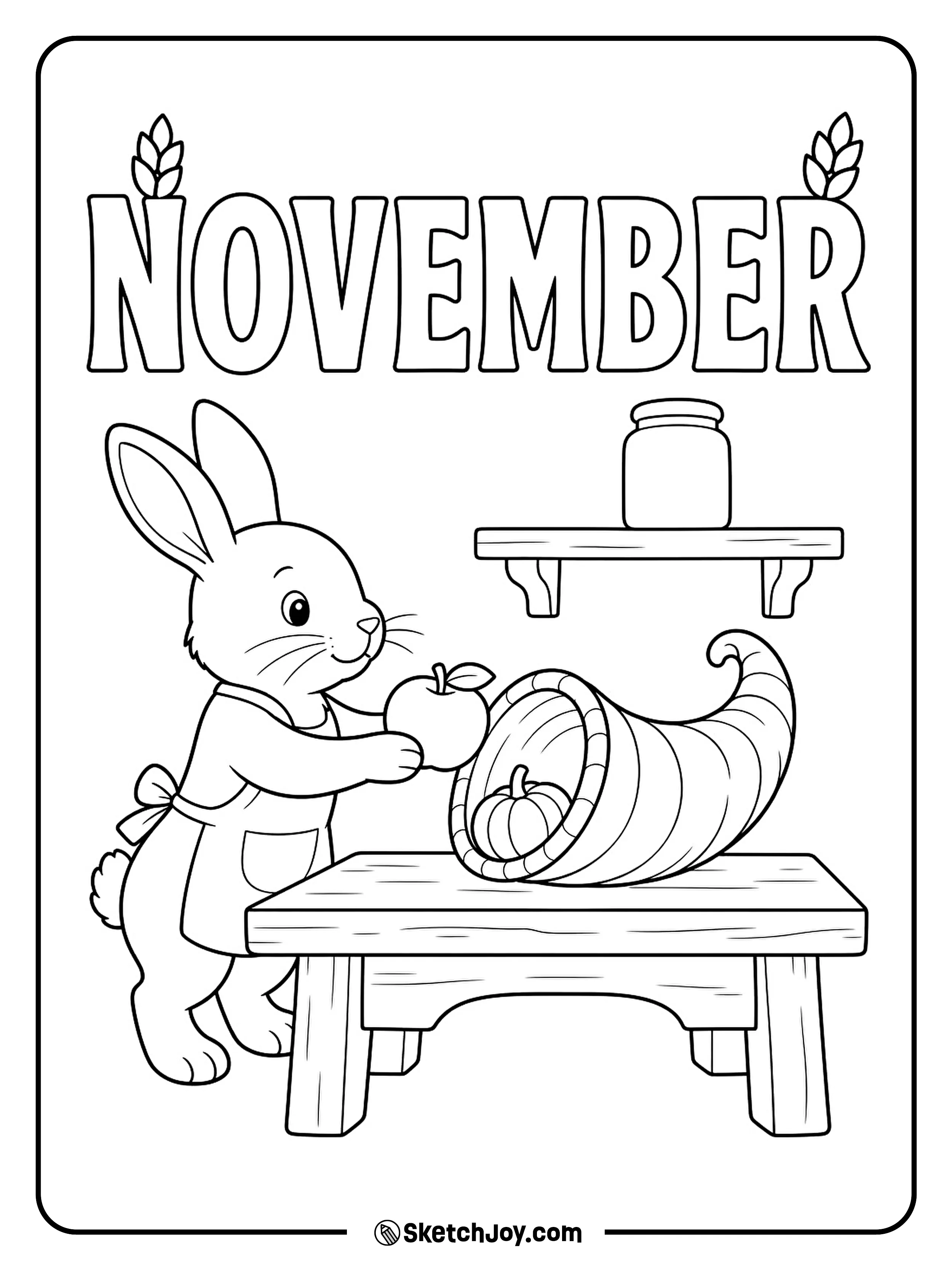 A rabbit adds an apple to a harvest horn on a low wooden table.