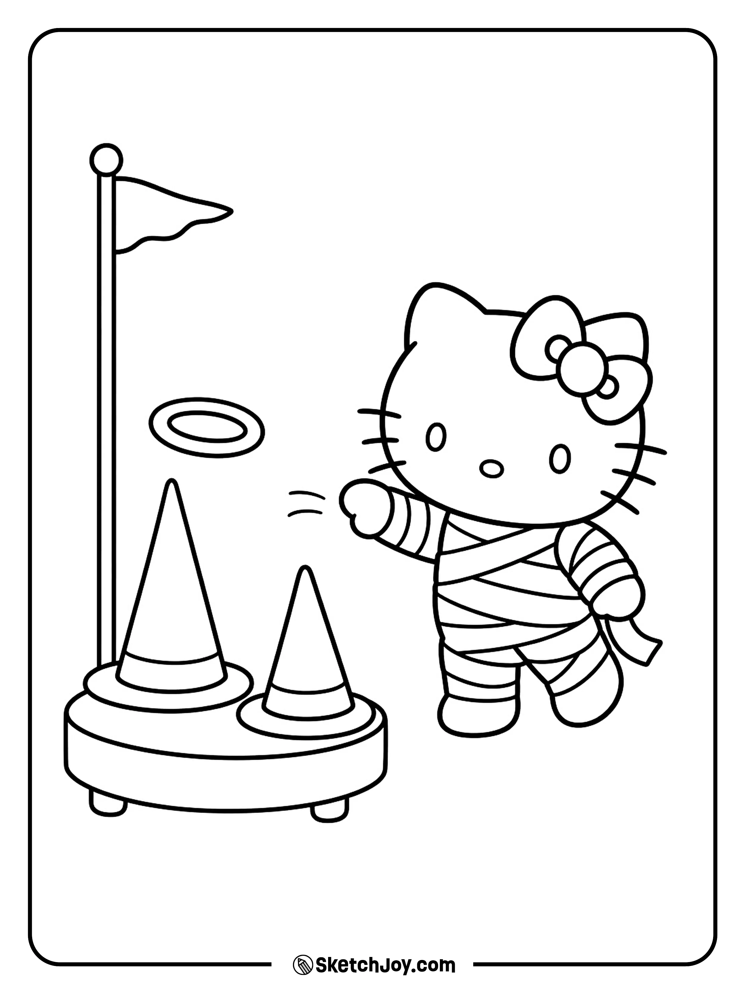 A broad hoop sails toward the taller hat at the ring-toss stand.