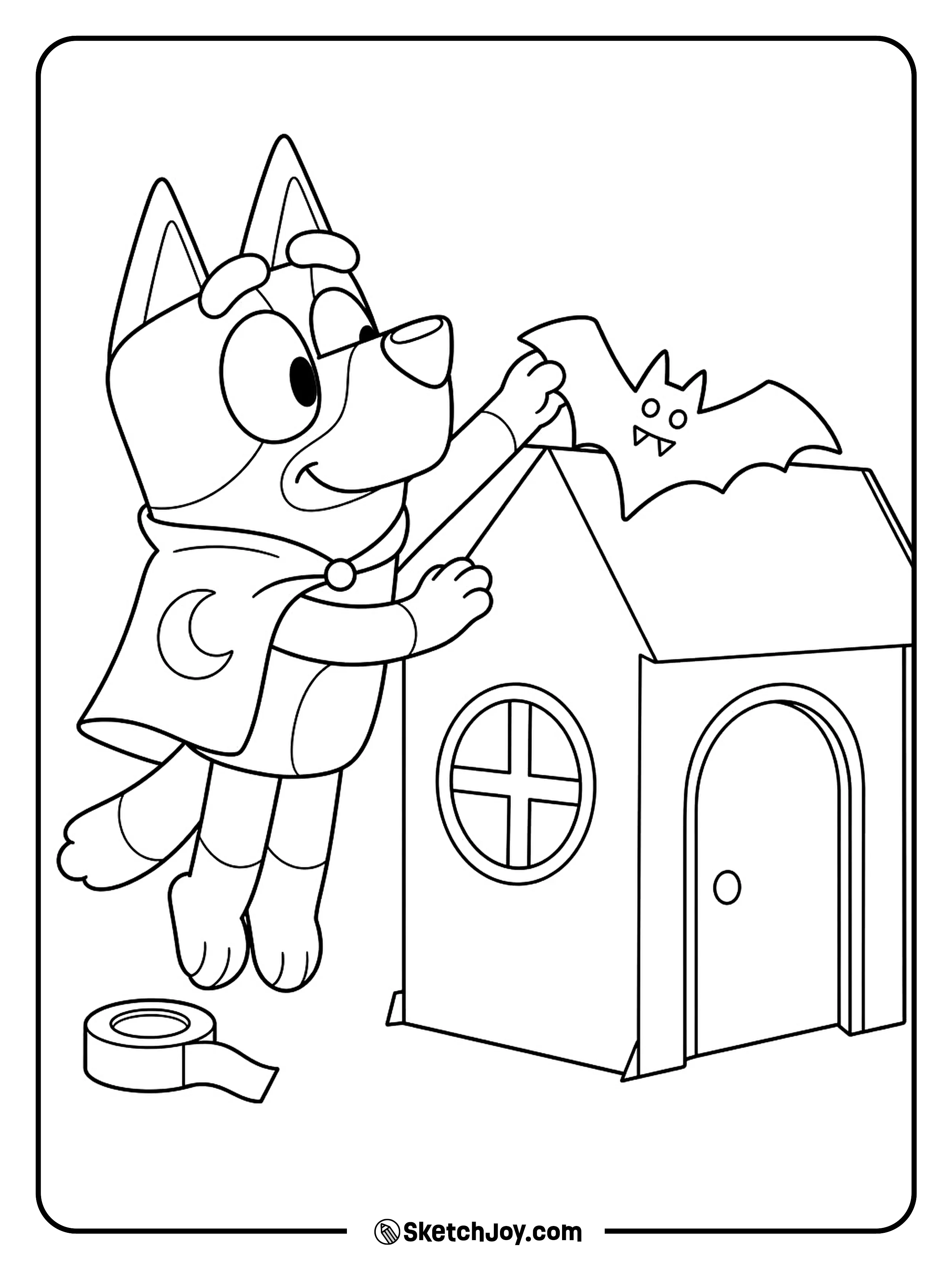 Bluey reaches up to add the final bat to her cardboard playhouse.