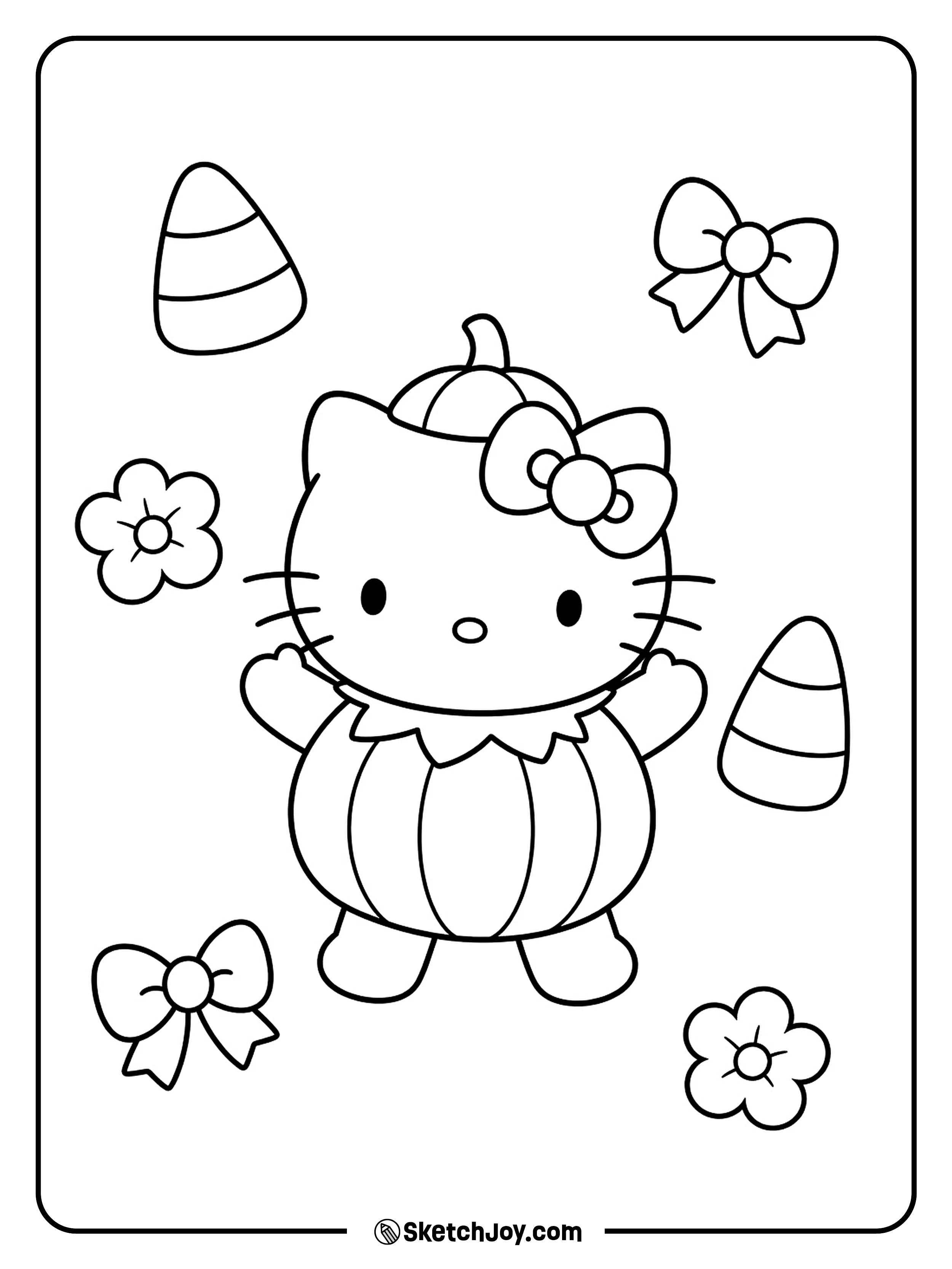 Two raised paws celebrate among candy corn, bows, and broad pumpkin flowers.