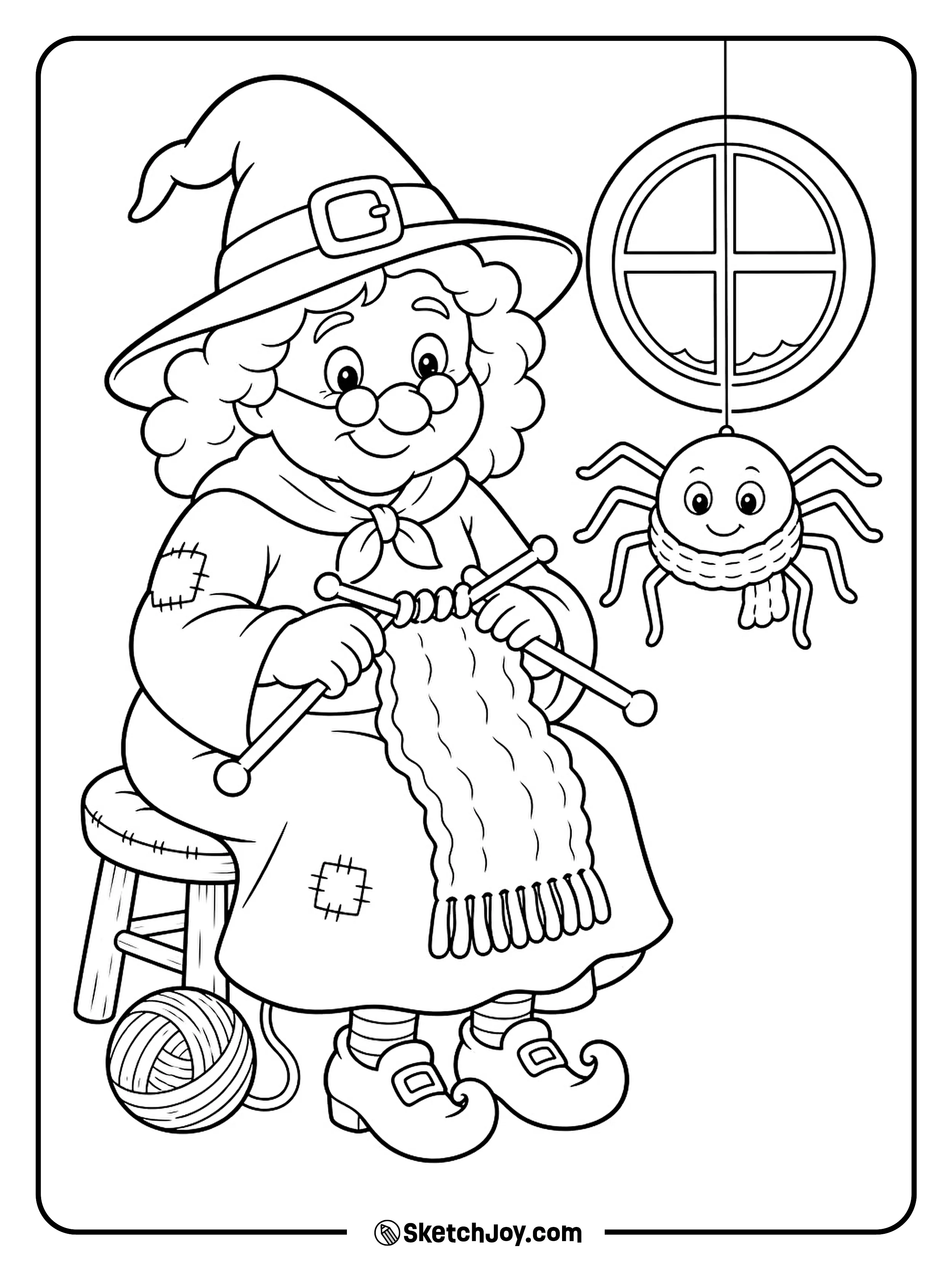 A witch knits a tiny scarf for a spider waiting beside her window.