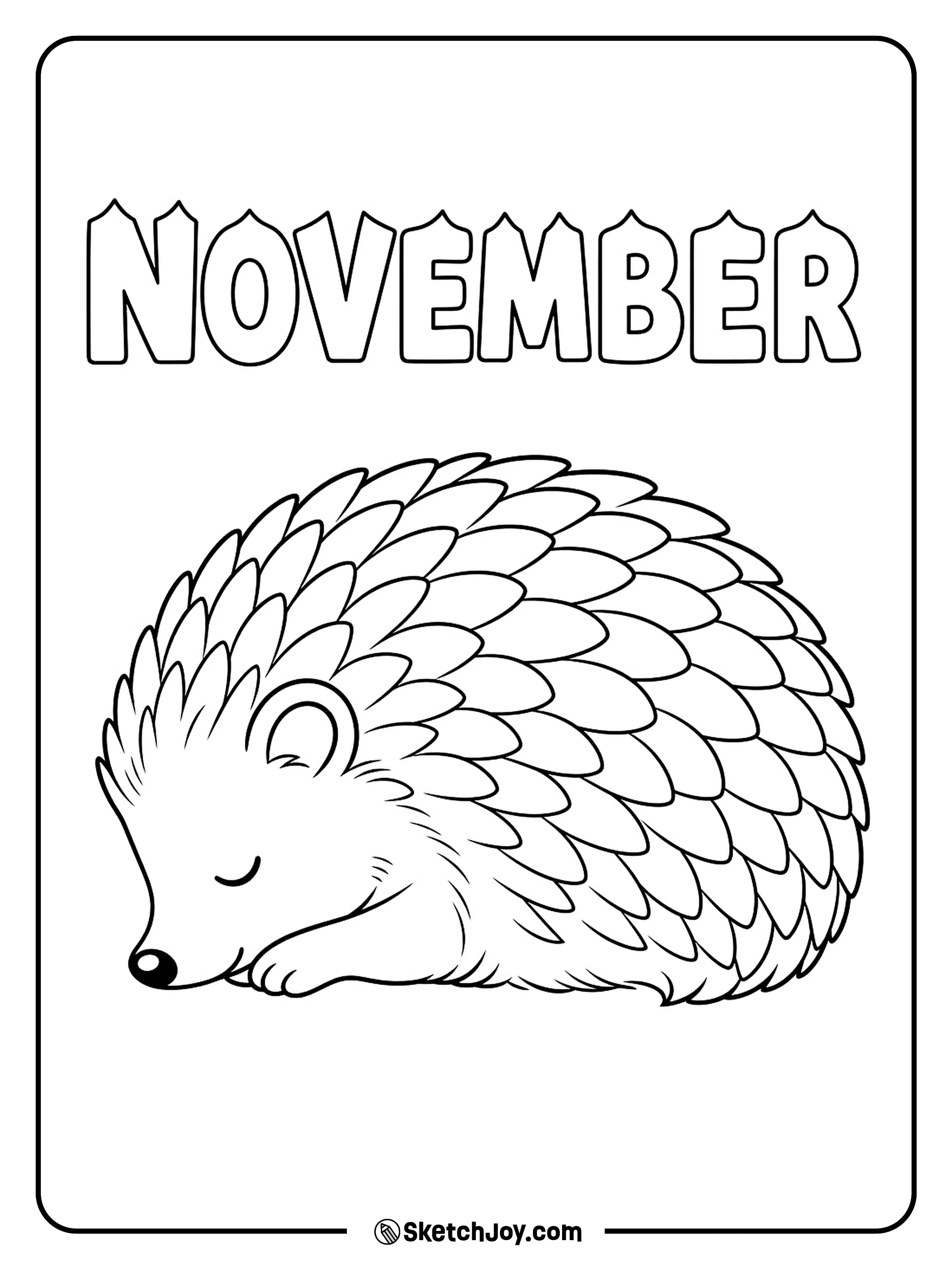 A sleepy hedgehog curls beneath November letters with soft pointed edges.