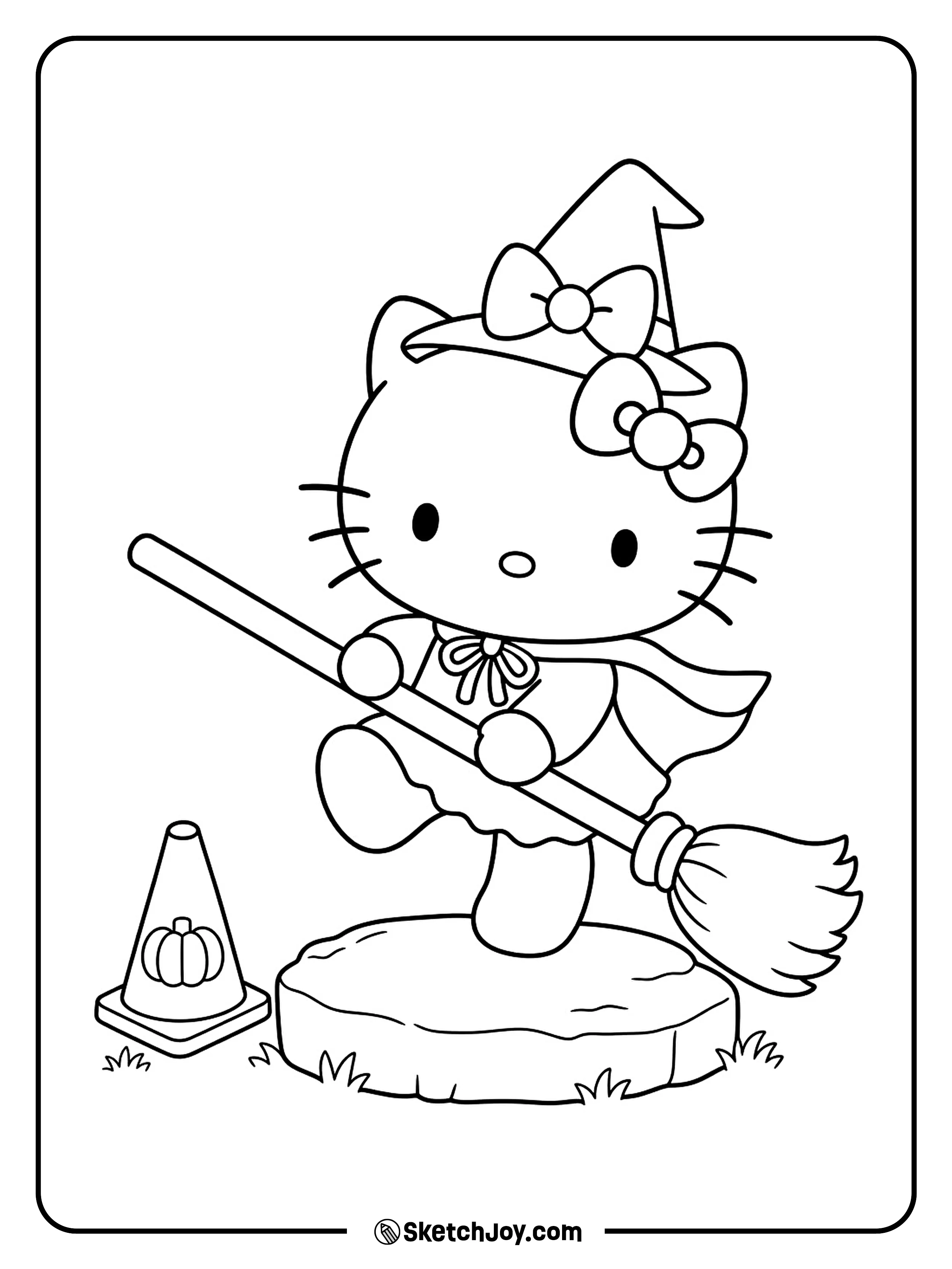 One foot finds the stepping stone as a young witch brings her broom down.