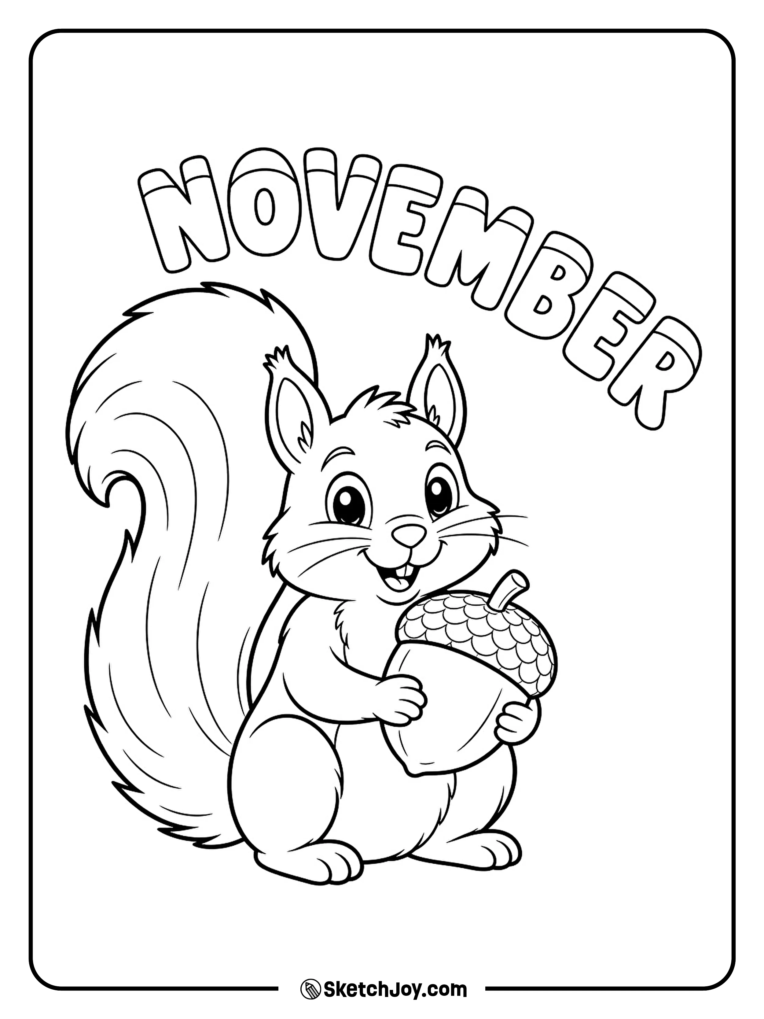 A seated squirrel hugs an acorn while November curves beside its tall tail.