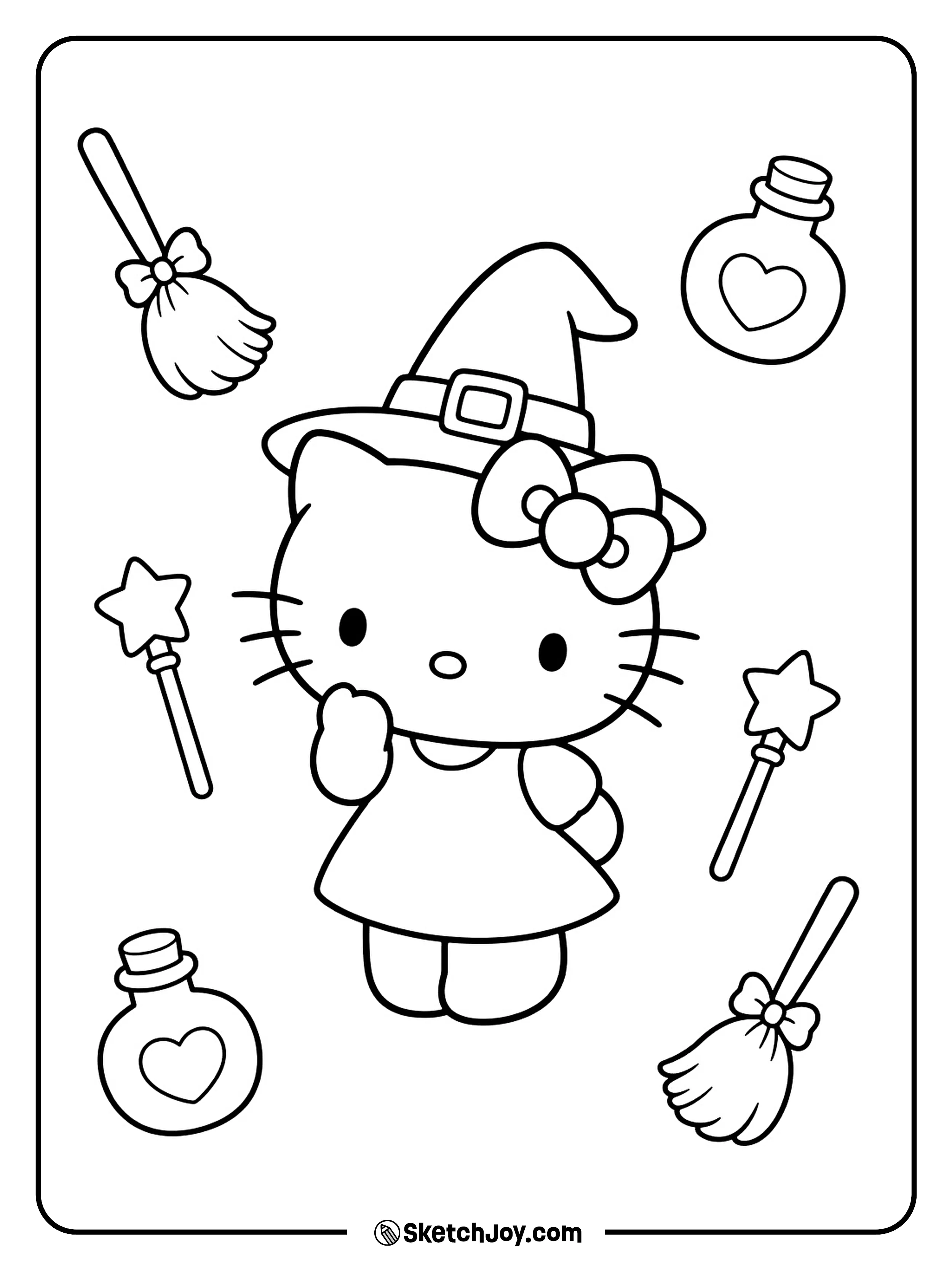A tilted head and one raised paw sit among tiny tools for make-believe spells.