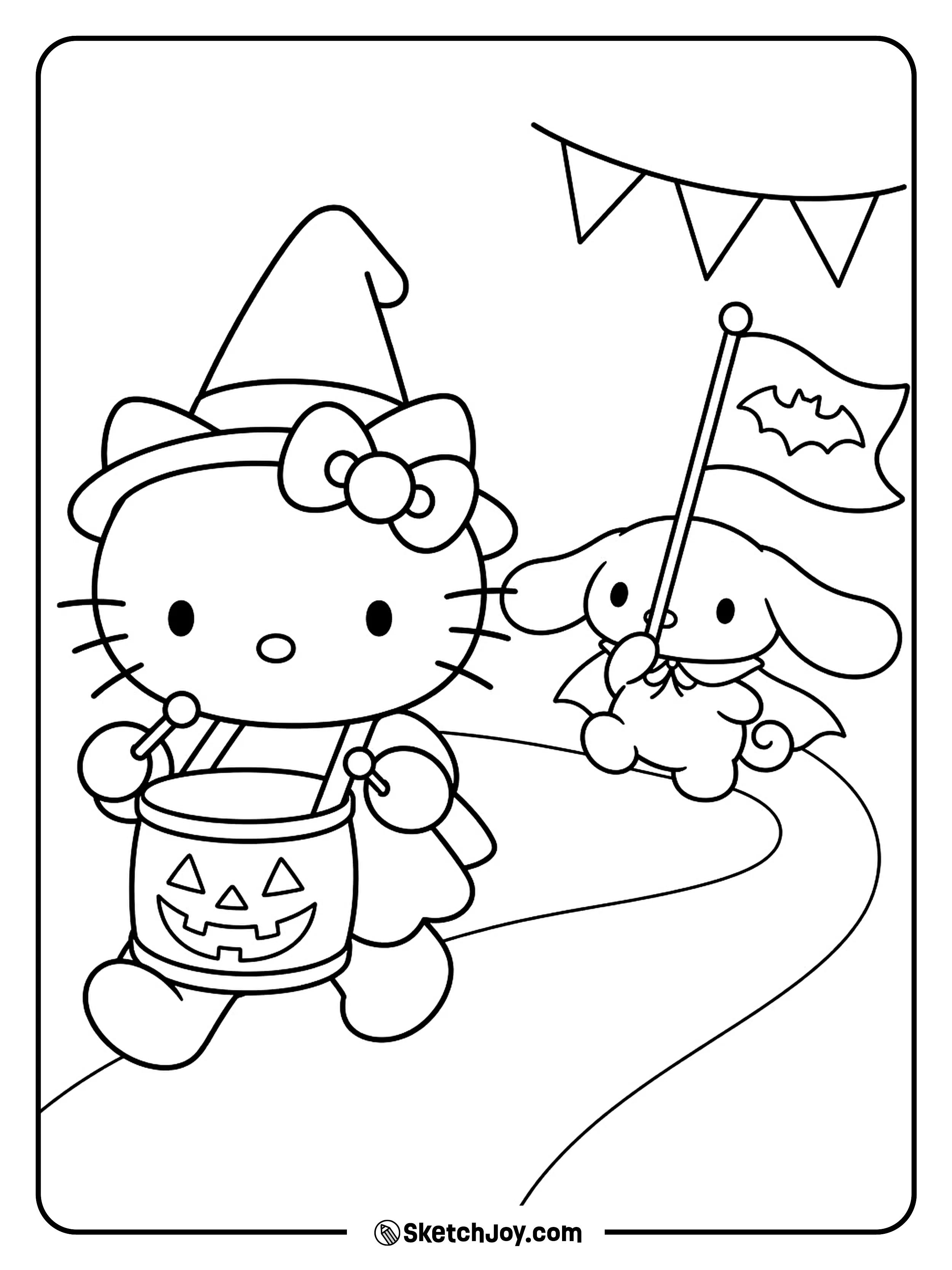 Hello Kitty beats the drum while Cinnamoroll follows with a bat flag.
